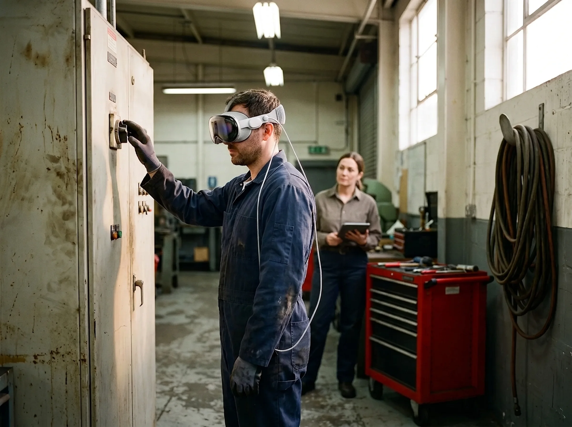 Maintenance trainee in an Apple Vision Pro practicing a lockout/tagout procedure in a VR training simulation while a supervisor observes