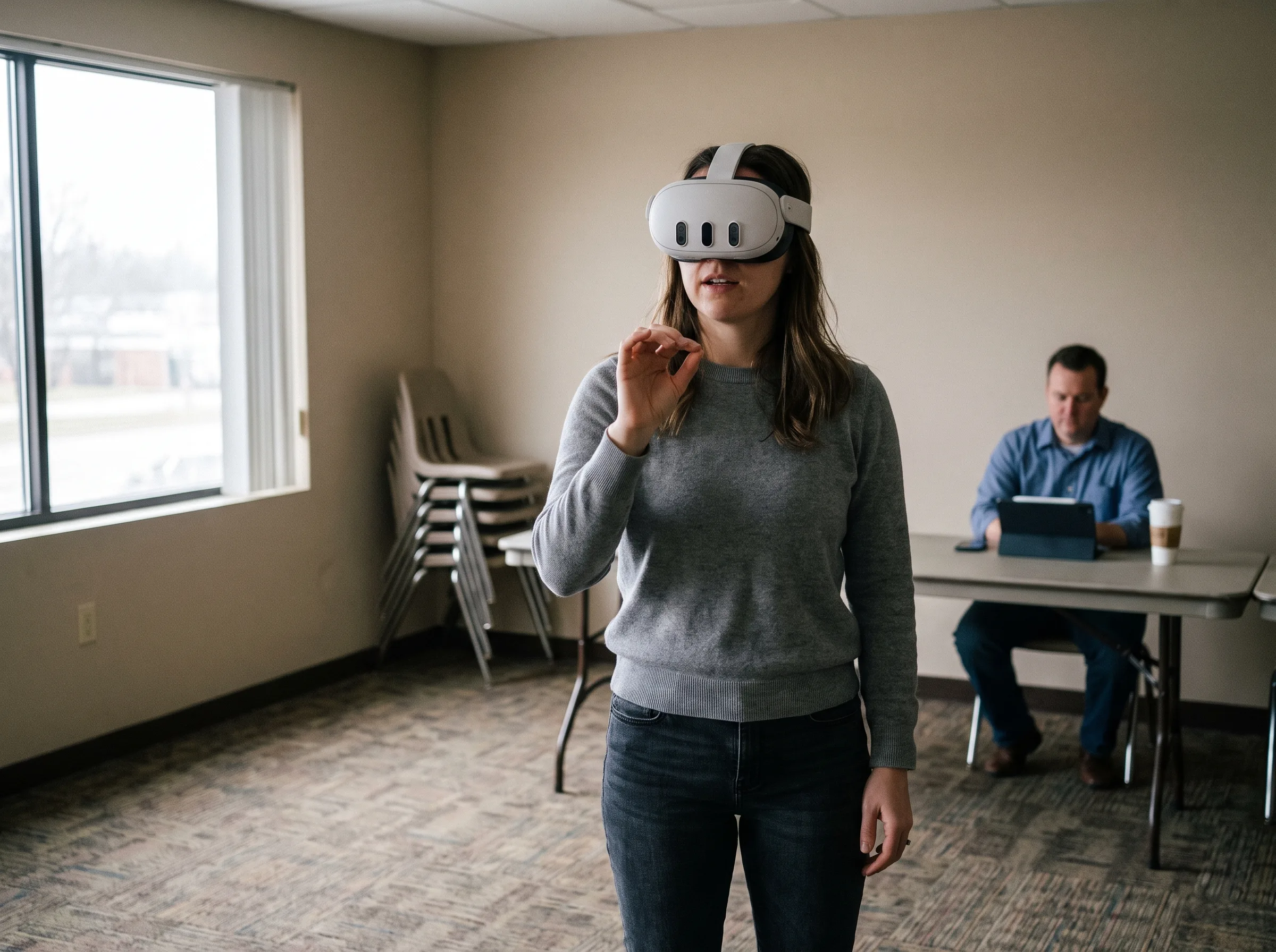 Employee mid-scenario in a Meta Quest 3 headset during an immersive learning session while a trainer observes