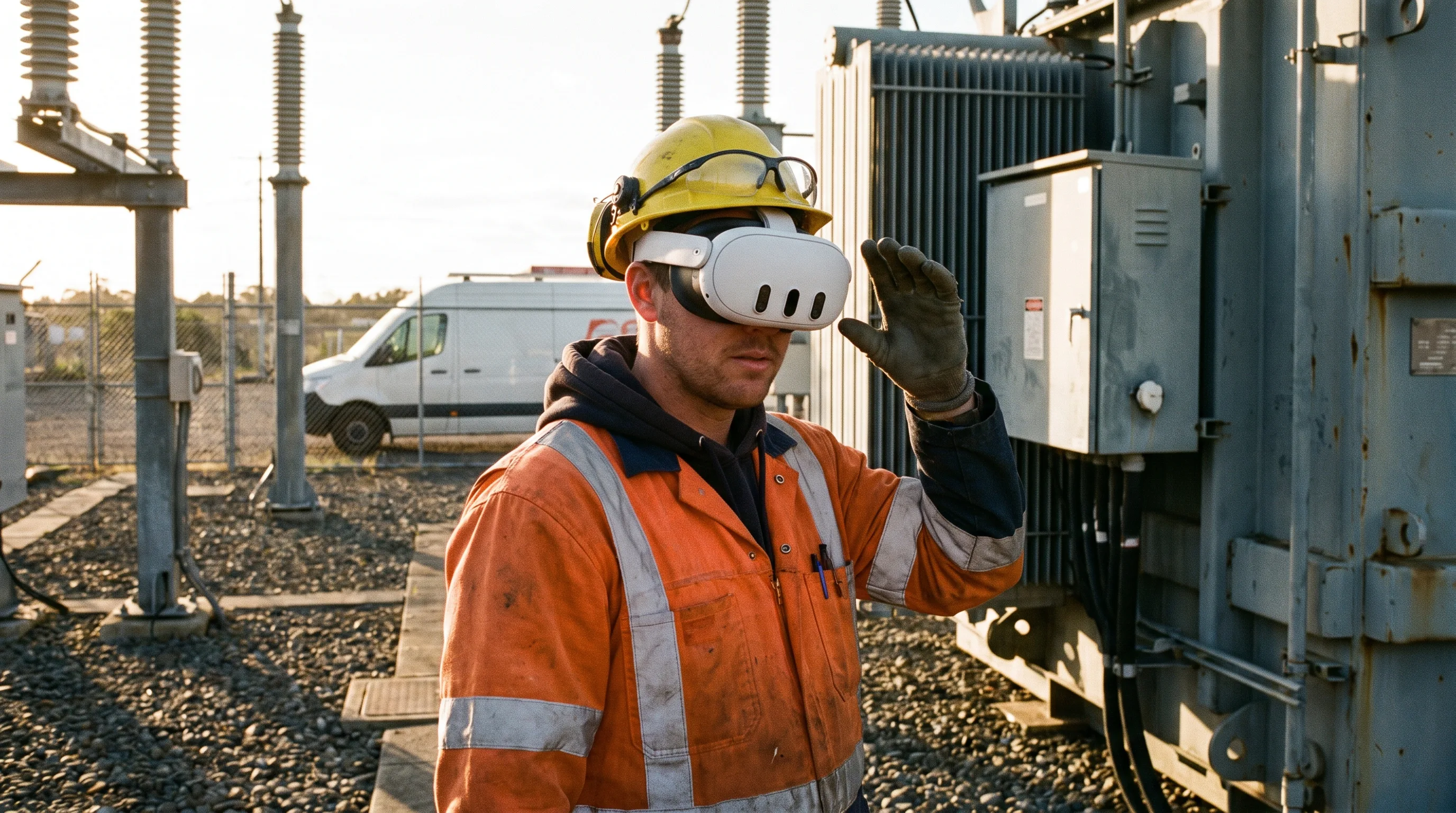 Utility worker in full PPE wearing a VR headset in an electrical substation training environment
