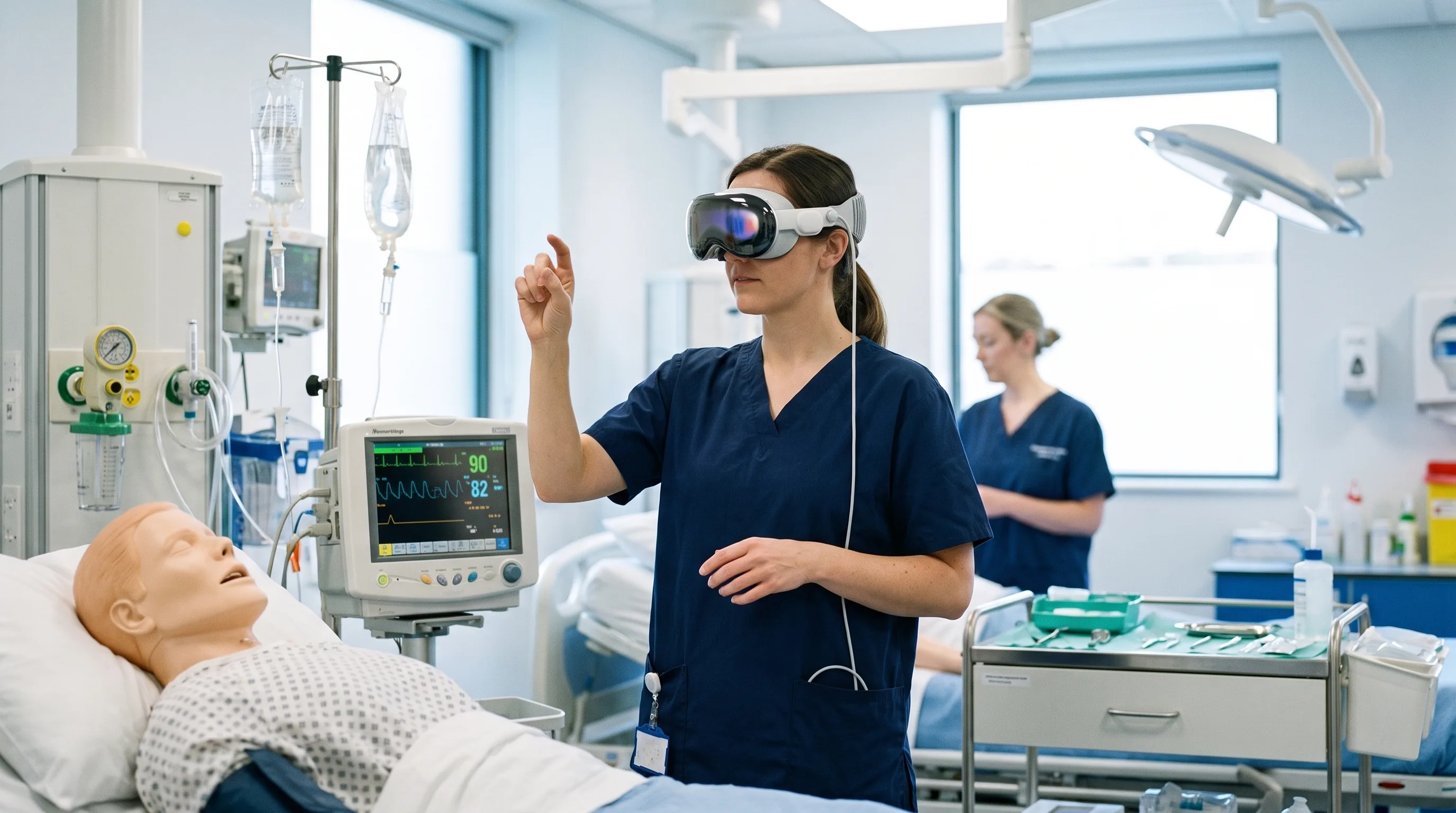 Clinician in scrubs wearing an Apple Vision Pro headset, practicing a procedure in a VR training simulation in a hospital sim lab