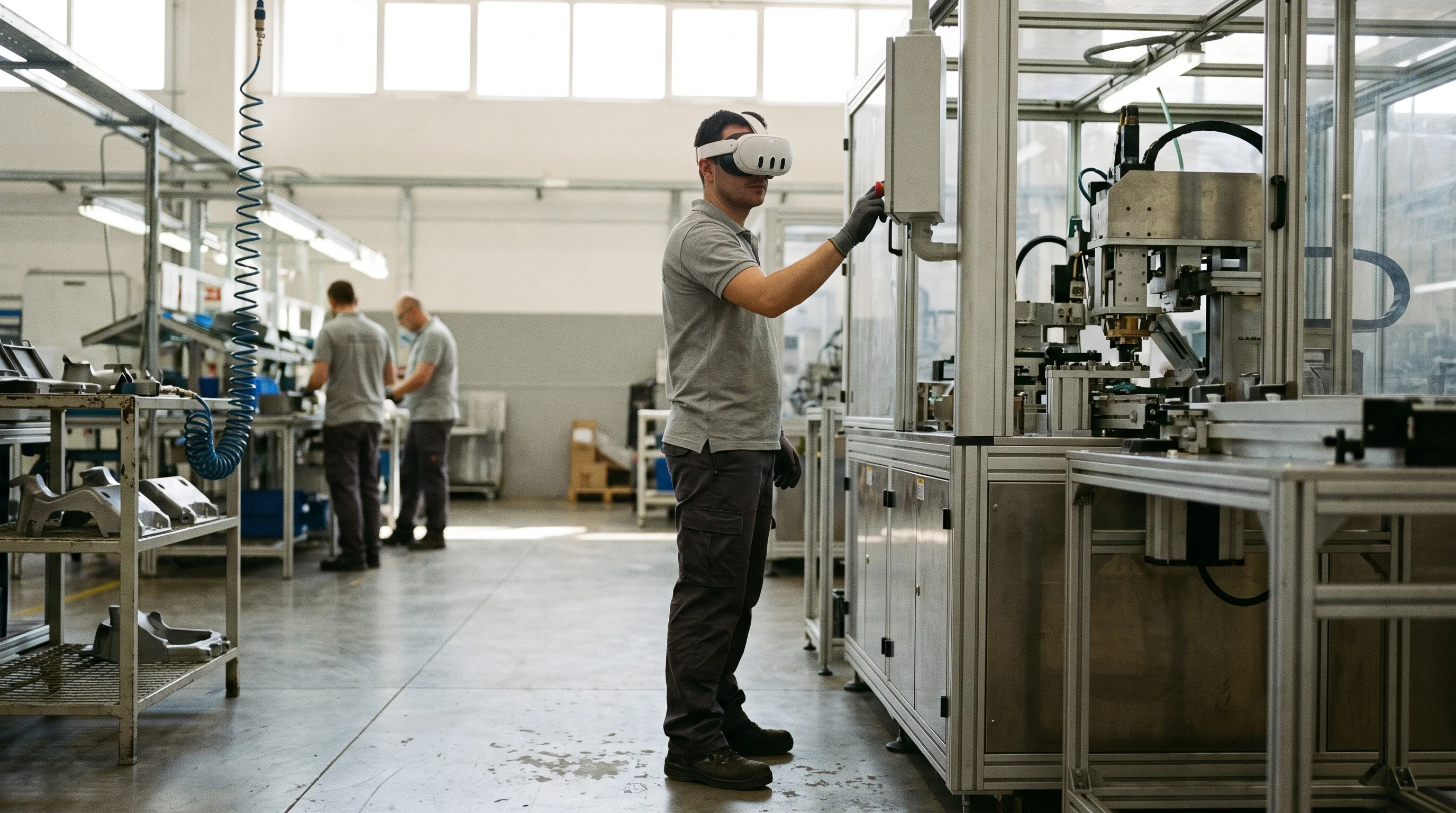 Technician in a VR headset practicing a maintenance sequence beside real equipment on a plant floor
