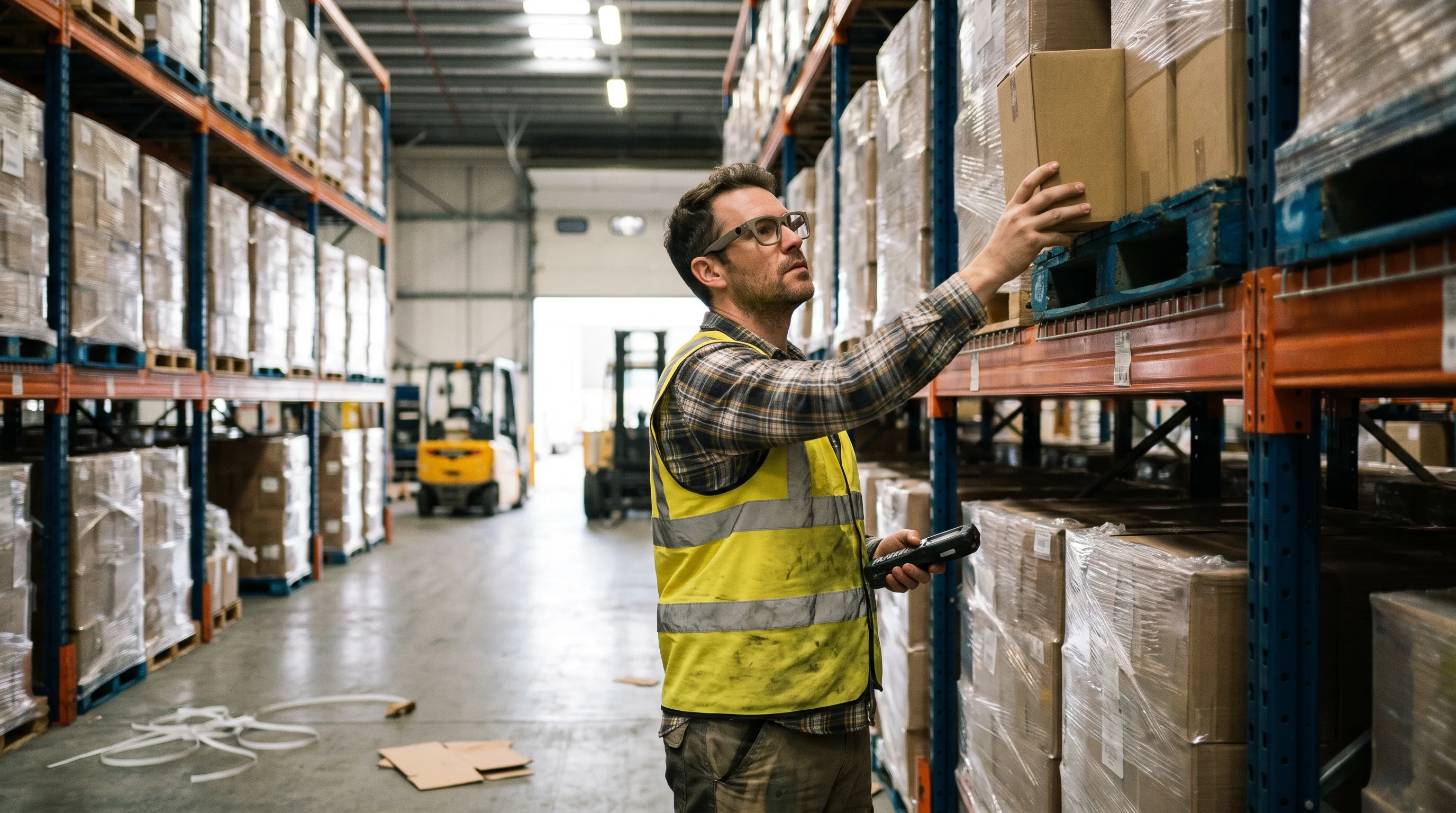 Warehouse worker in a hi-vis vest wearing Meta Ray-Ban display glasses, working through a picking procedure in a racking aisle