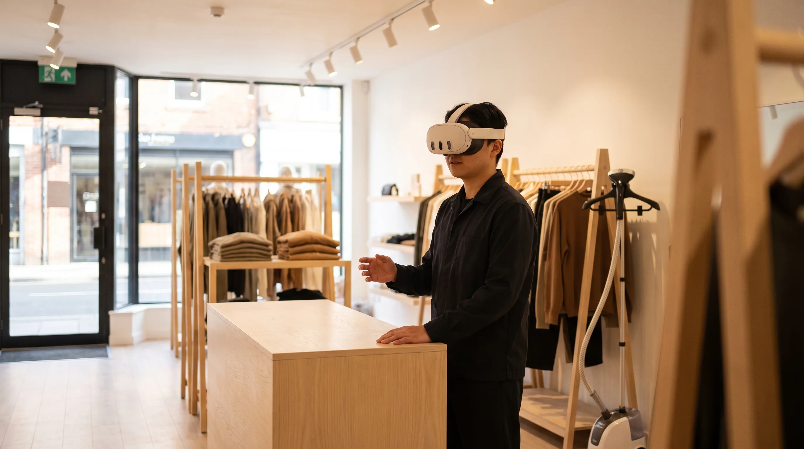 Retail employee practicing a customer conversation in VR behind a service counter