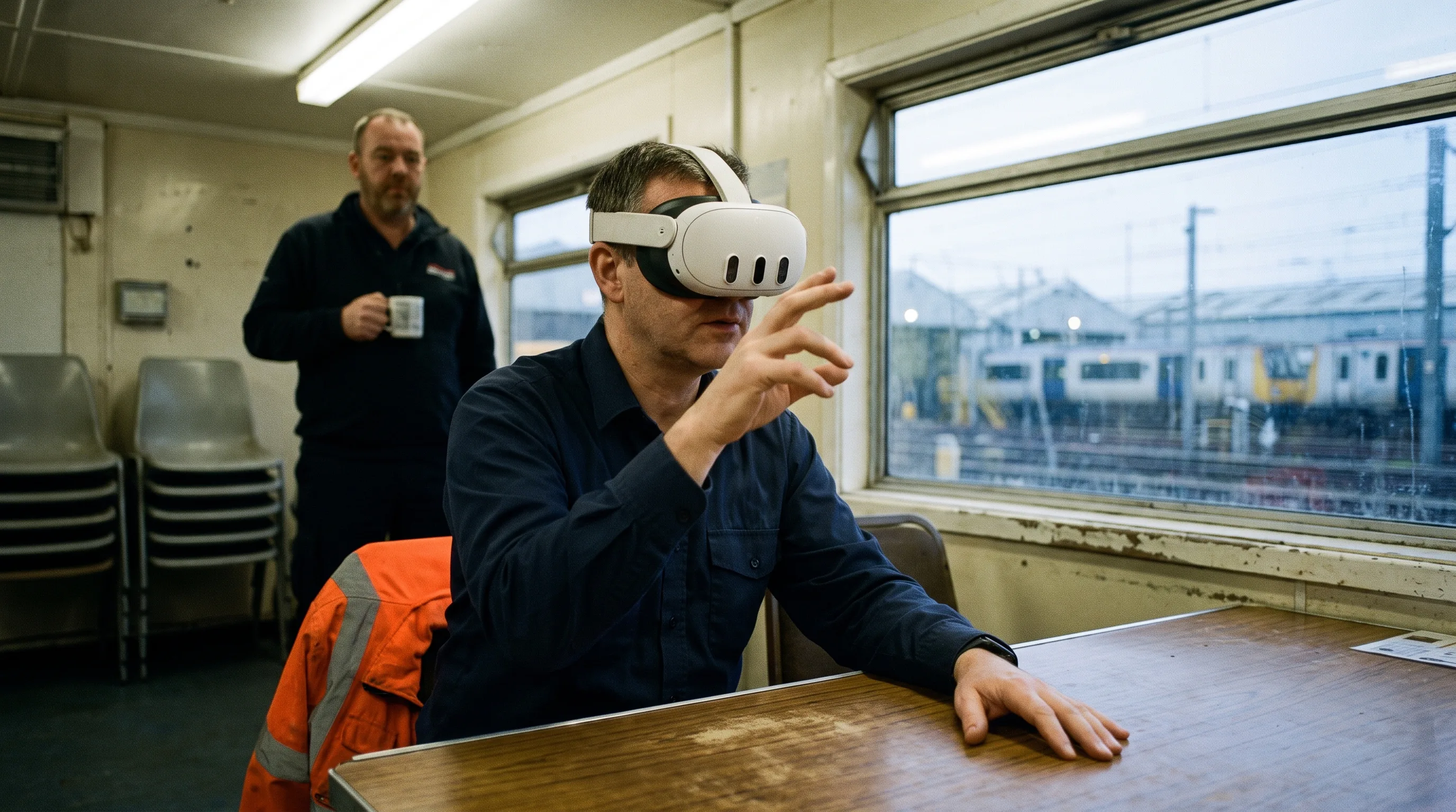 Transit driver in a Meta Quest 3 headset working through a route procedure in a depot briefing room