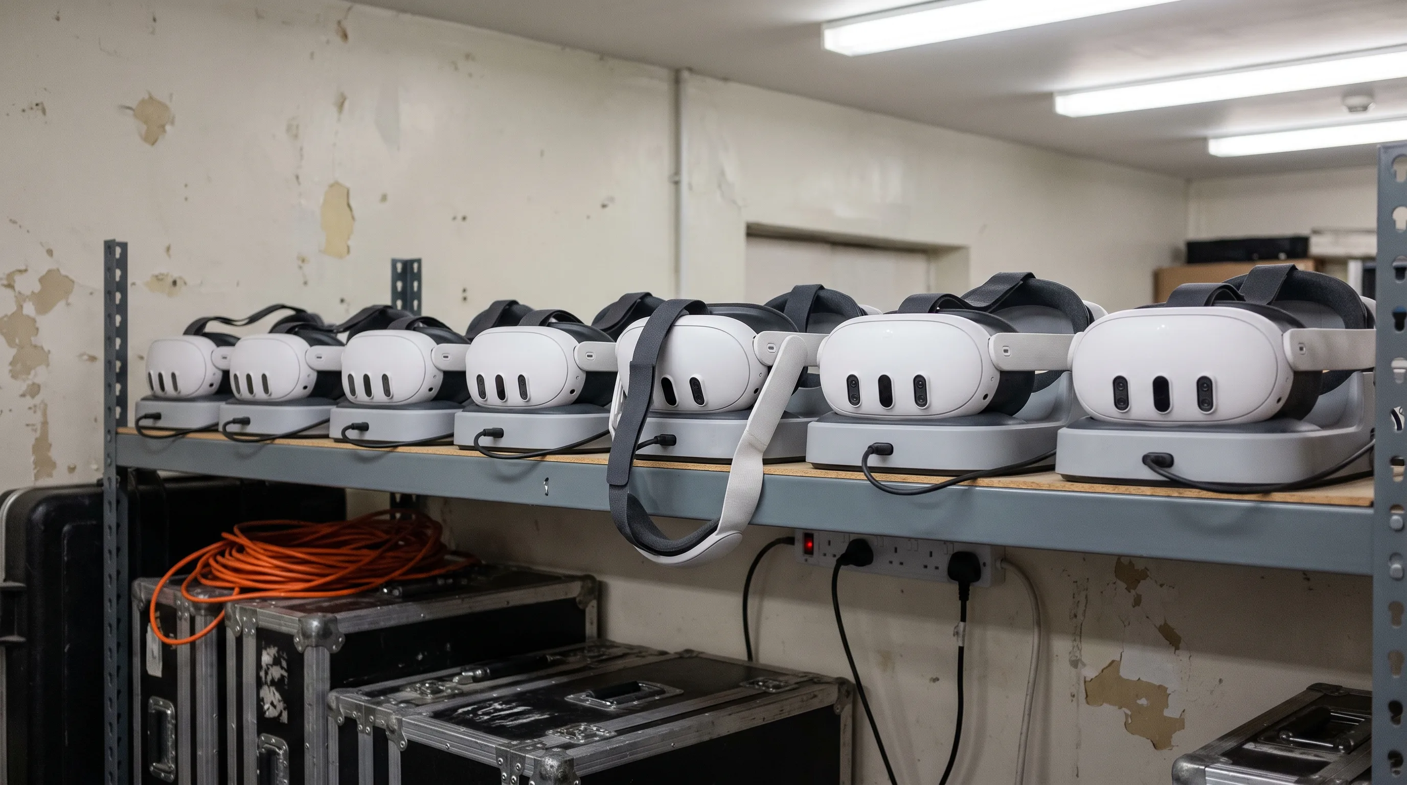 Fleet of Meta Quest 3 headsets charging on a storeroom shelf between VR training sessions