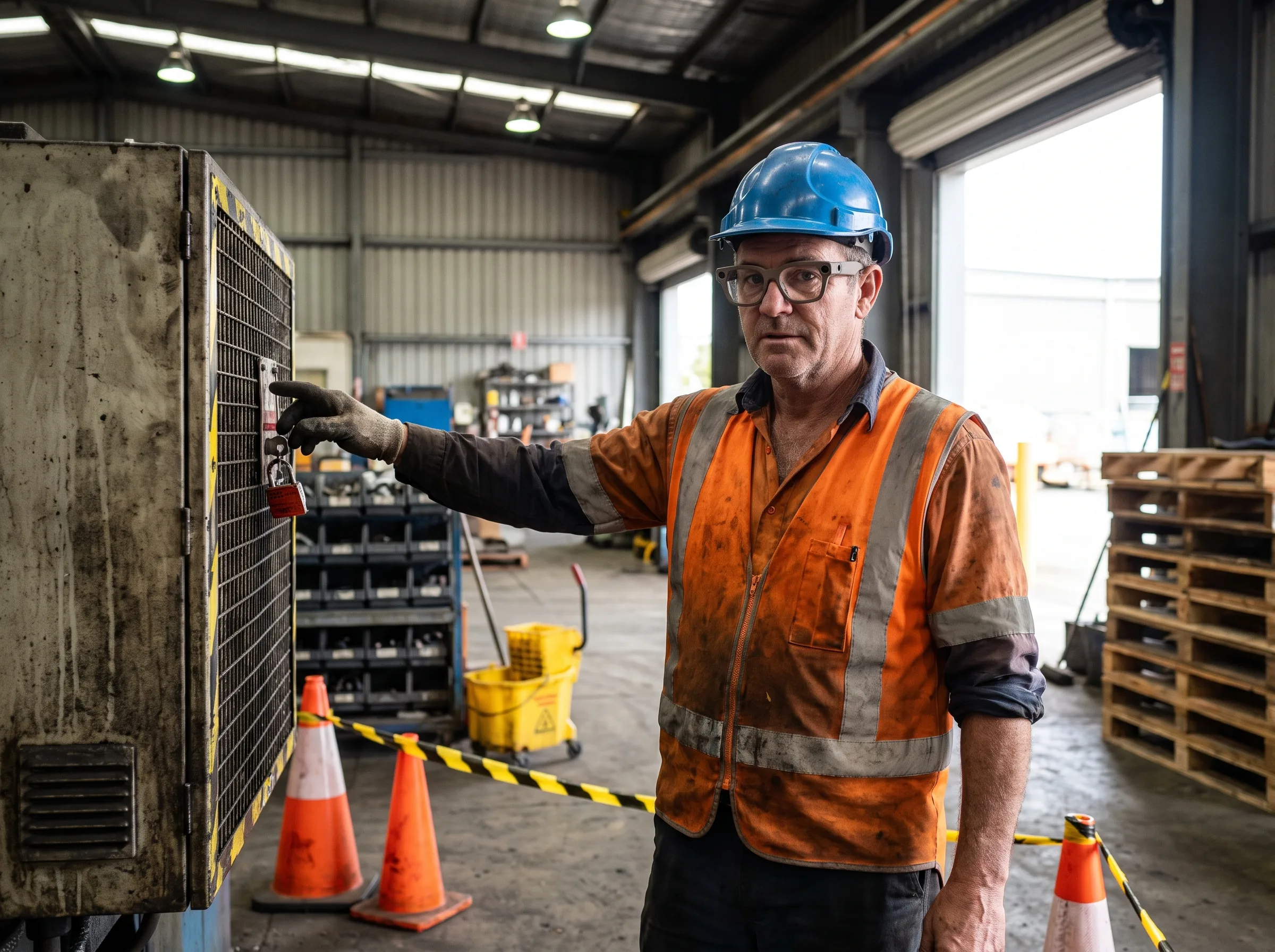 Worker in a hard hat and hi-vis vest wearing Meta Ray-Ban display glasses, practicing a lockout procedure in a VR safety training simulation on the plant floor