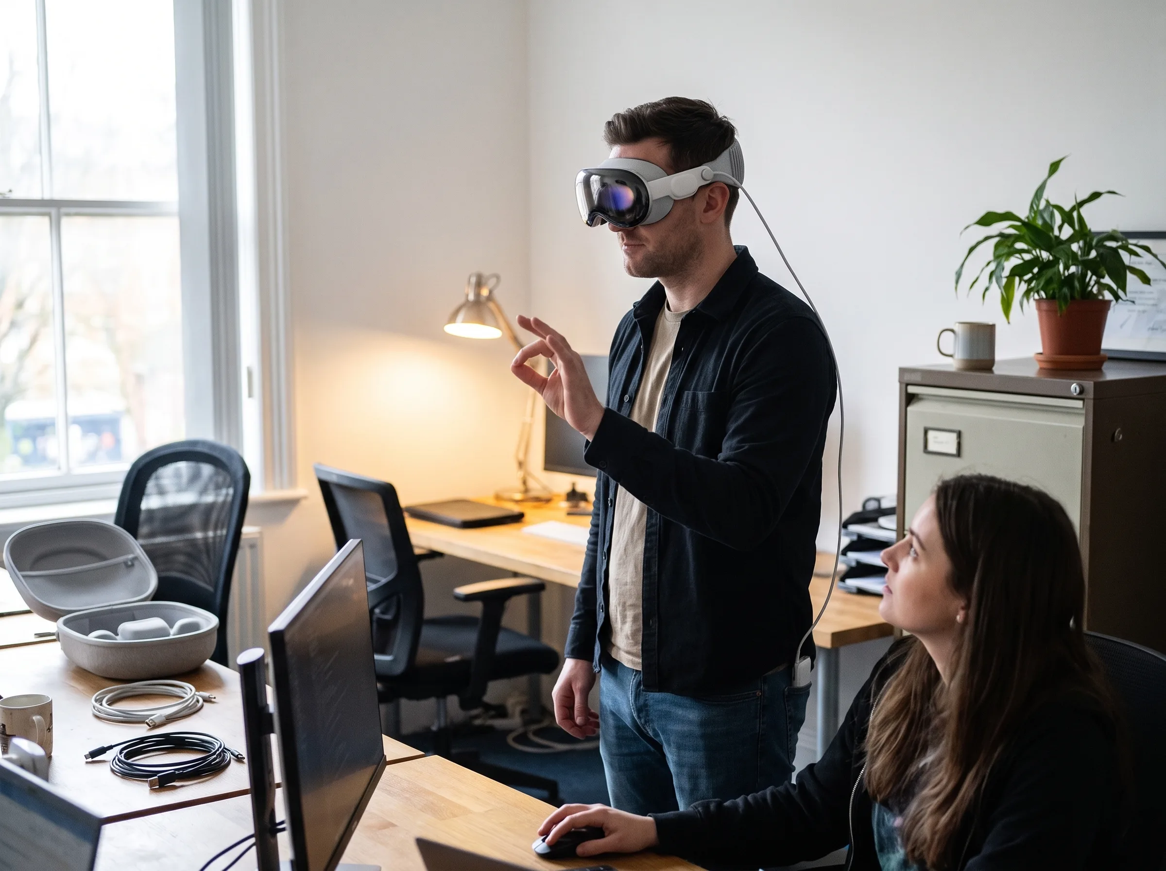 Frame Sixty developer testing a custom VR training simulation on an Apple Vision Pro while a colleague reviews the build