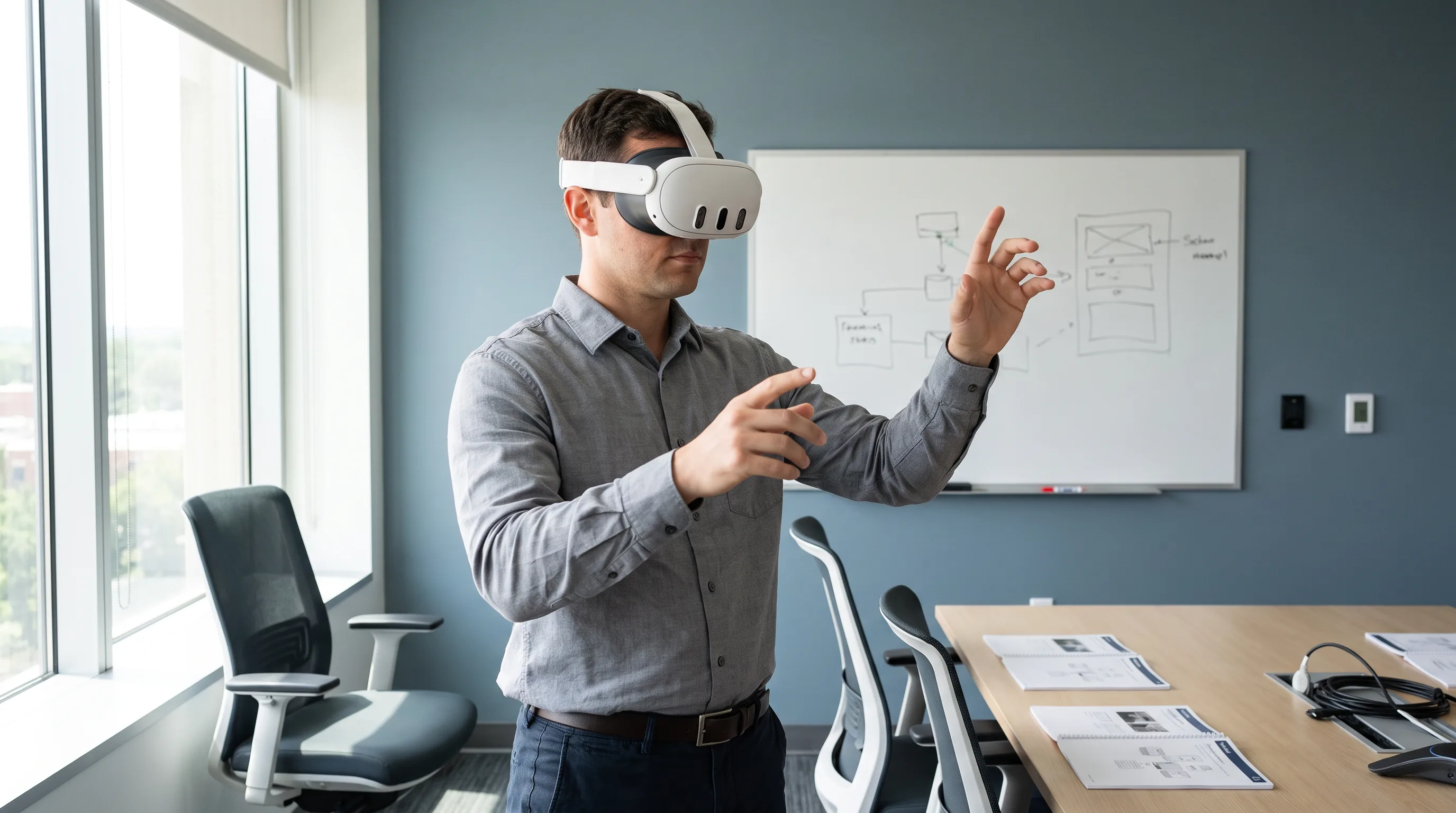 Trainee wearing a Meta Quest 3 headset practicing a procedure in a VR simulation