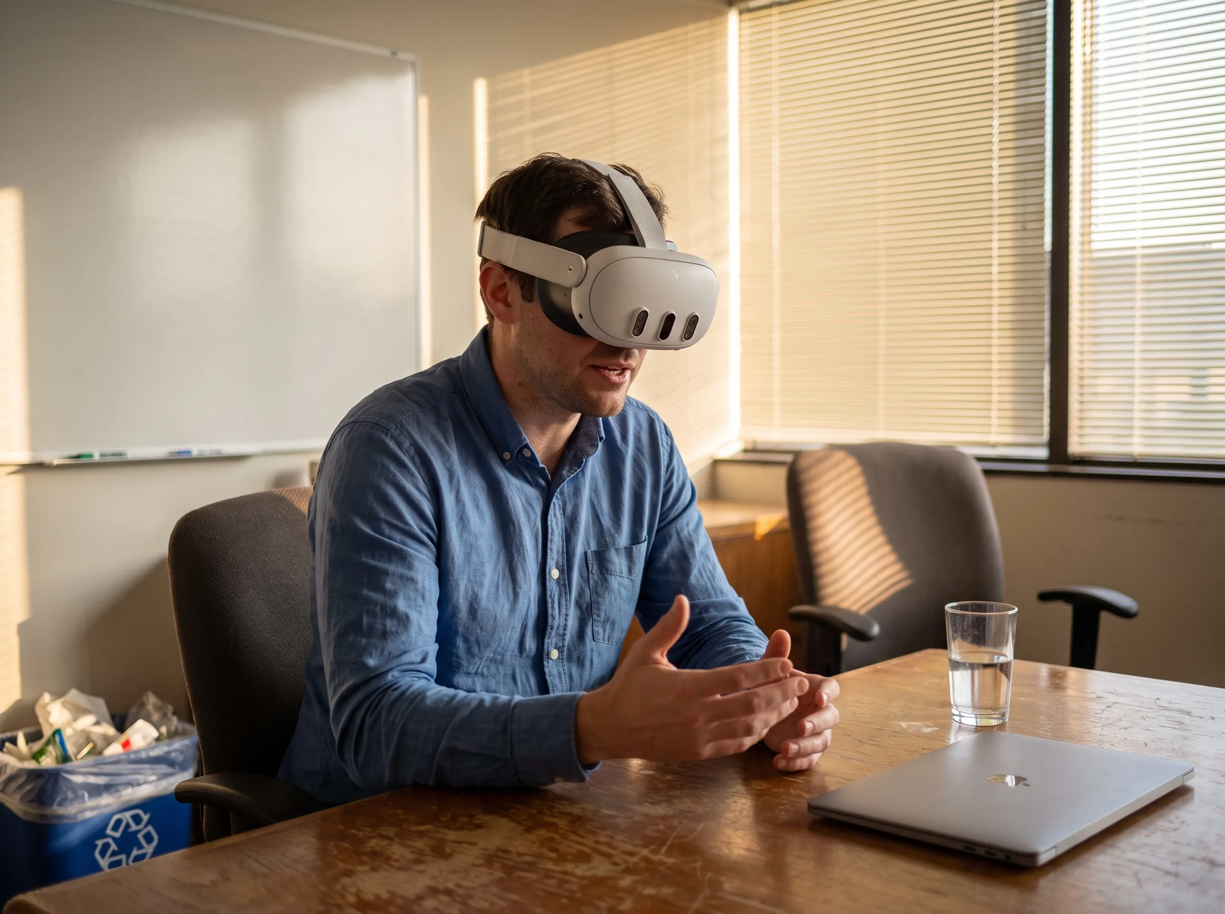 Employee in a Meta Quest 3 headset practicing a difficult conversation in VR soft skills training