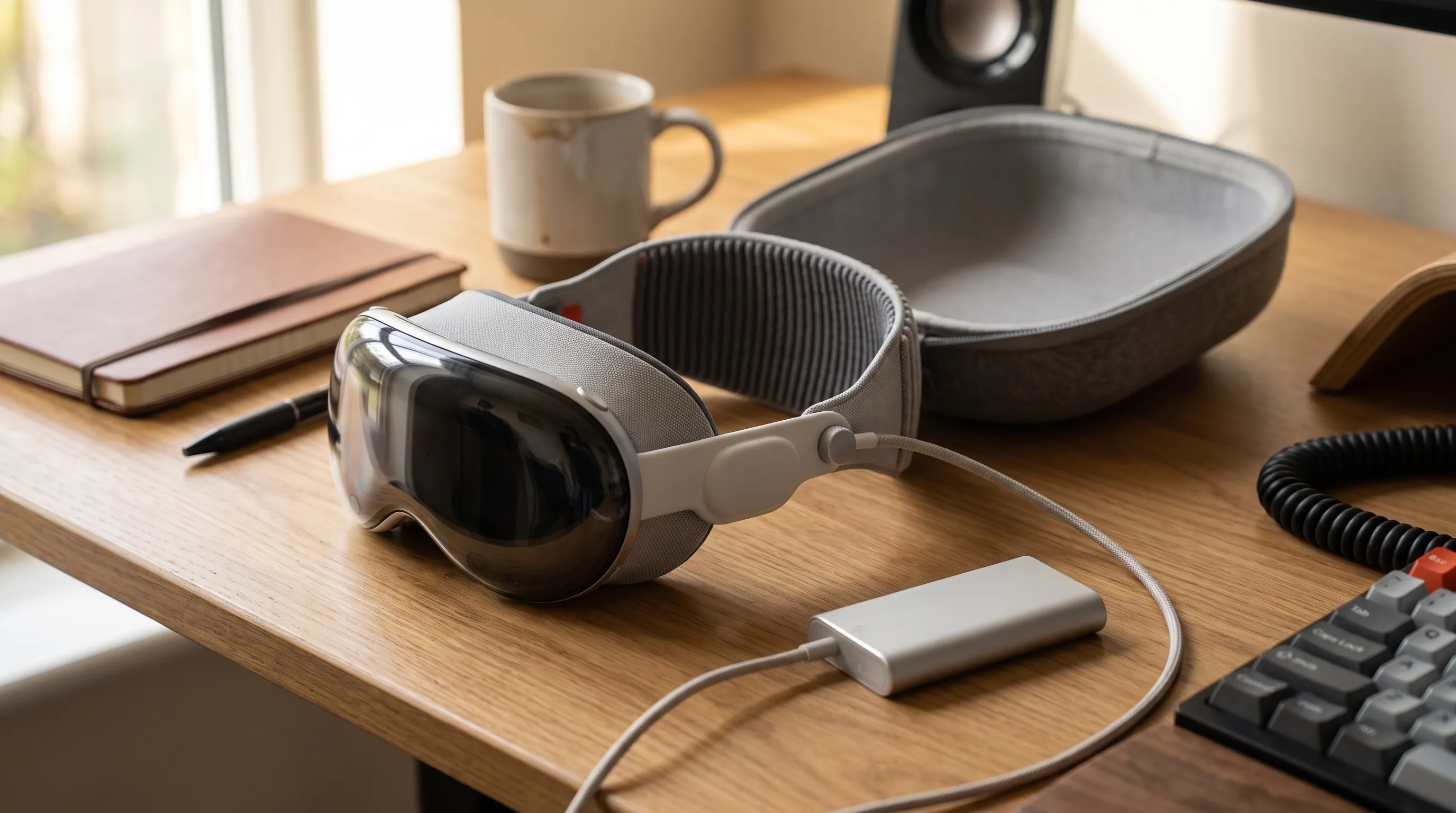 Apple Vision Pro headset and its carry case on a studio desk between VR training sessions