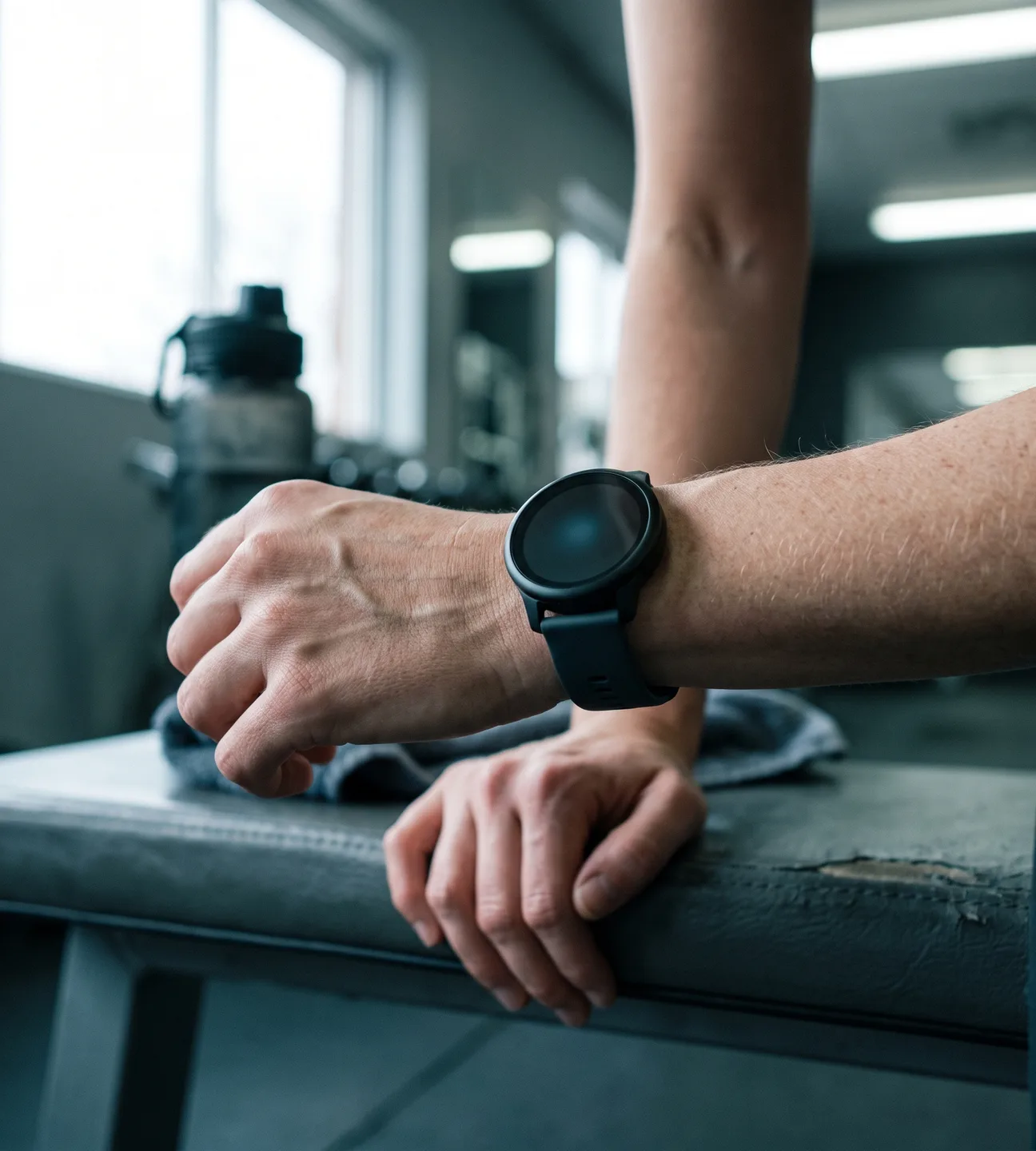 Close-up of a wrist wearing a Wear OS smartwatch at a gym bench