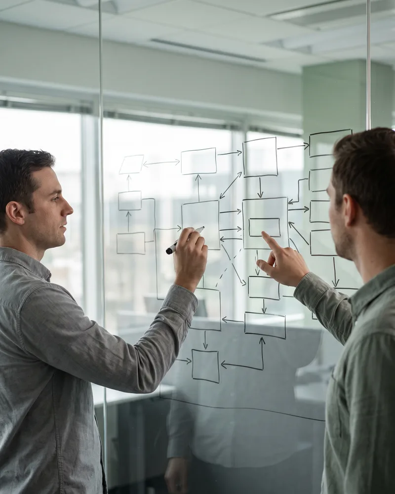 Two engineers sketching a system architecture diagram on a glass wall