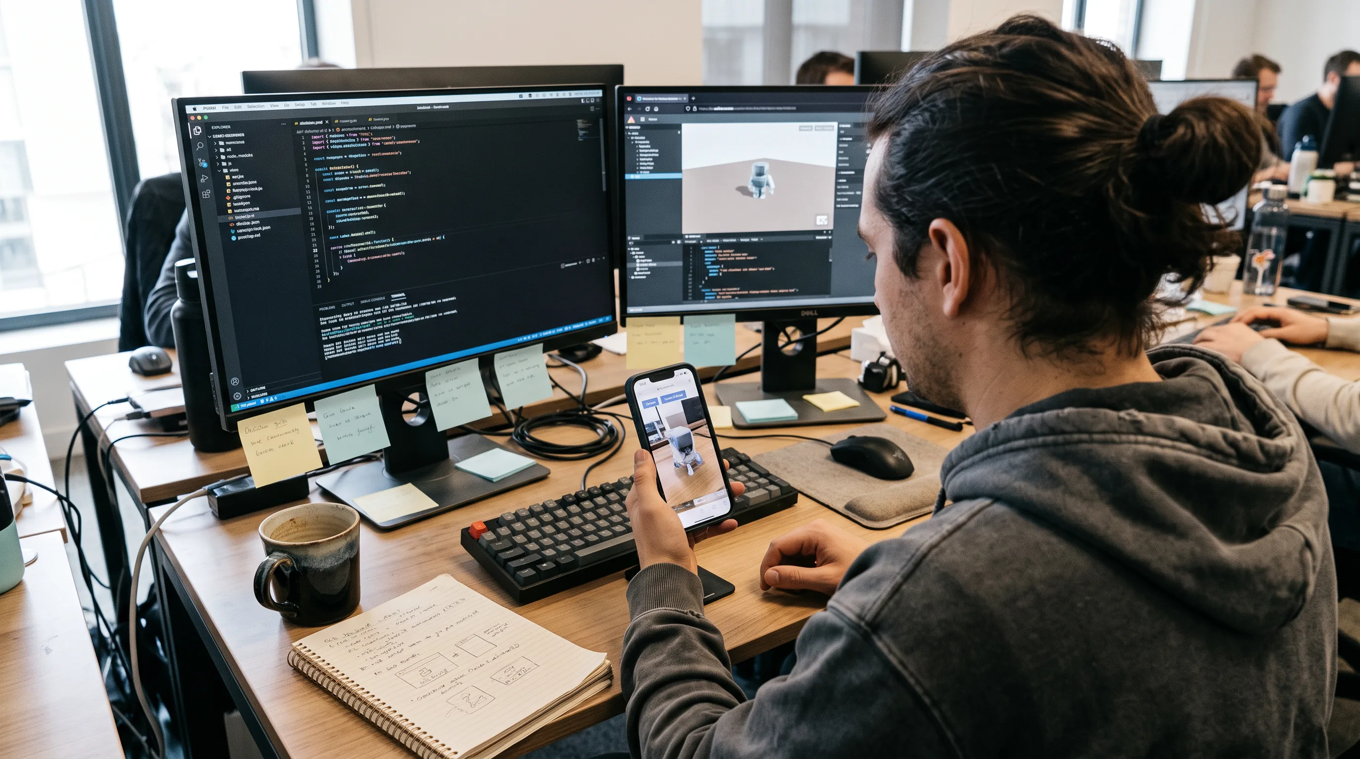 Developer testing a WebAR product overlay on a smartphone at a two-monitor development workstation