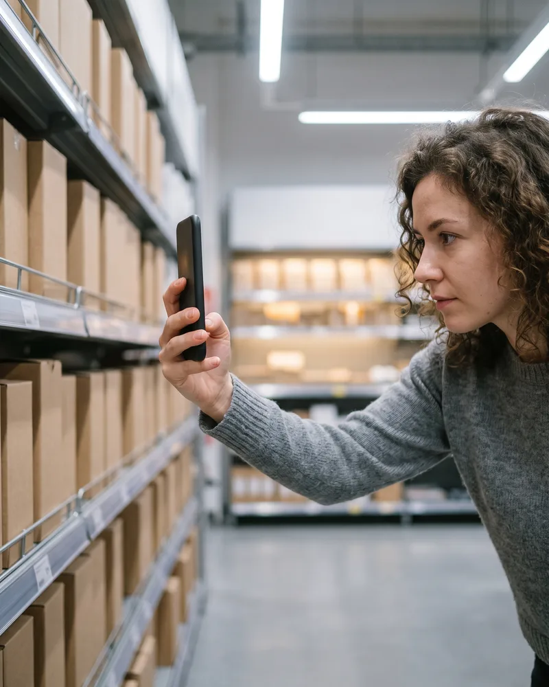 Shopper holding a phone up to a product shelf in a retail aisle