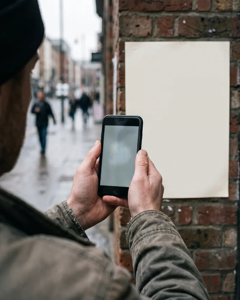Person holding a phone up to a printed poster on a brick wall to launch a browser AR experience