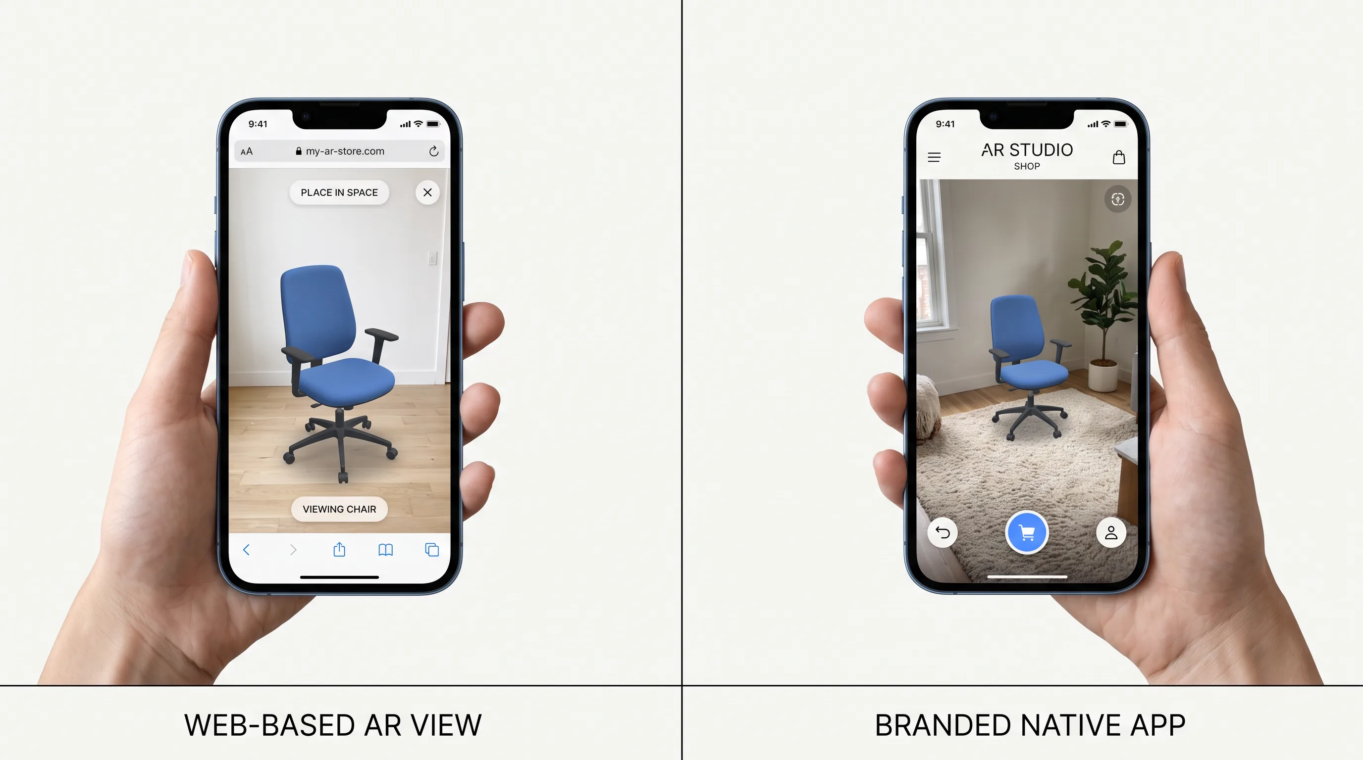 Side-by-side comparison of a WebAR browser session and a native AR app on two phones