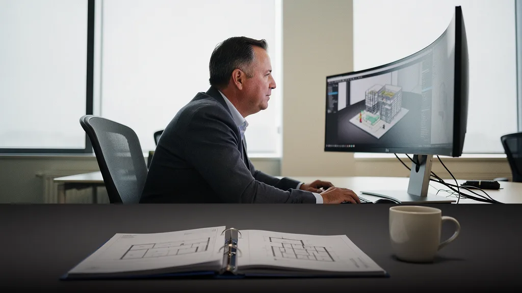 A digital twin in construction on monitor as a project executive reviews a 3D building model