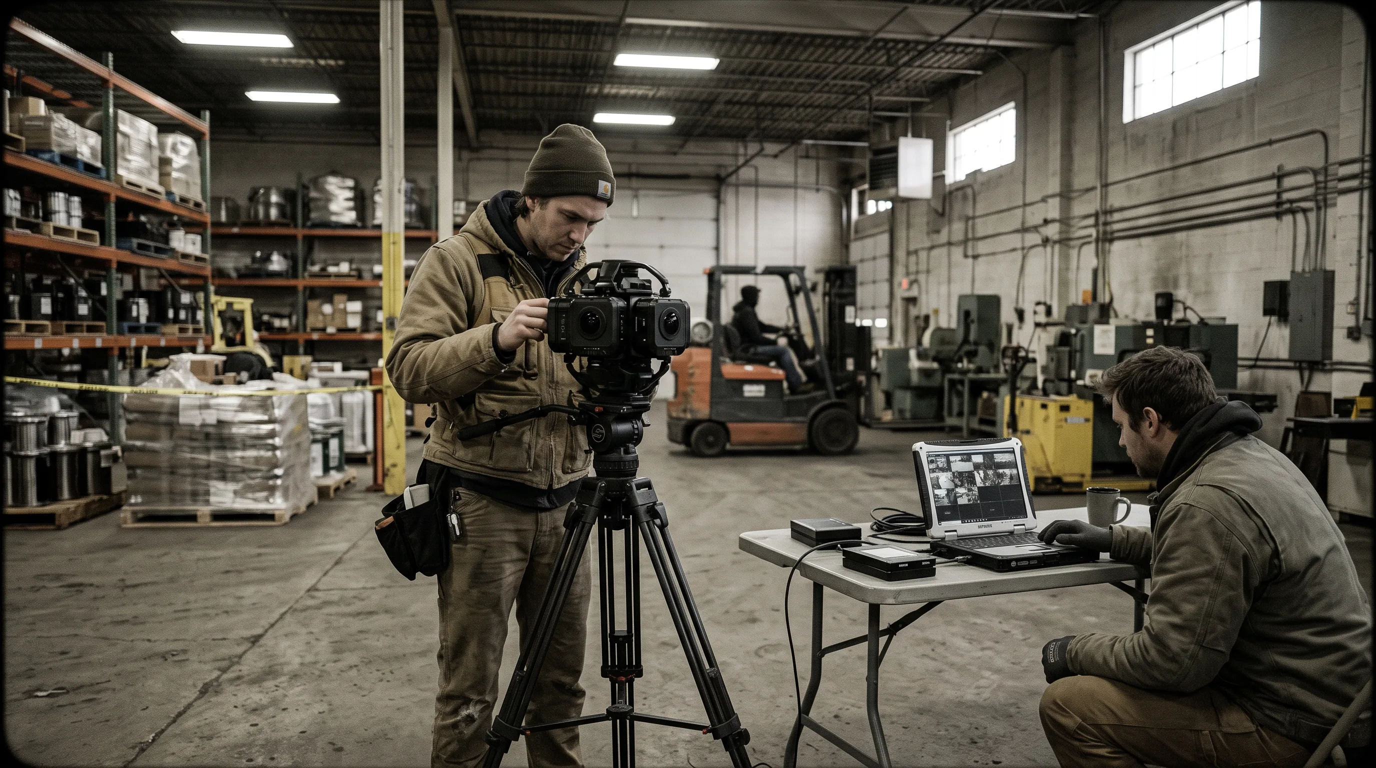 Camera operator positions a 360-degree rig on a warehouse floor for a production shoot