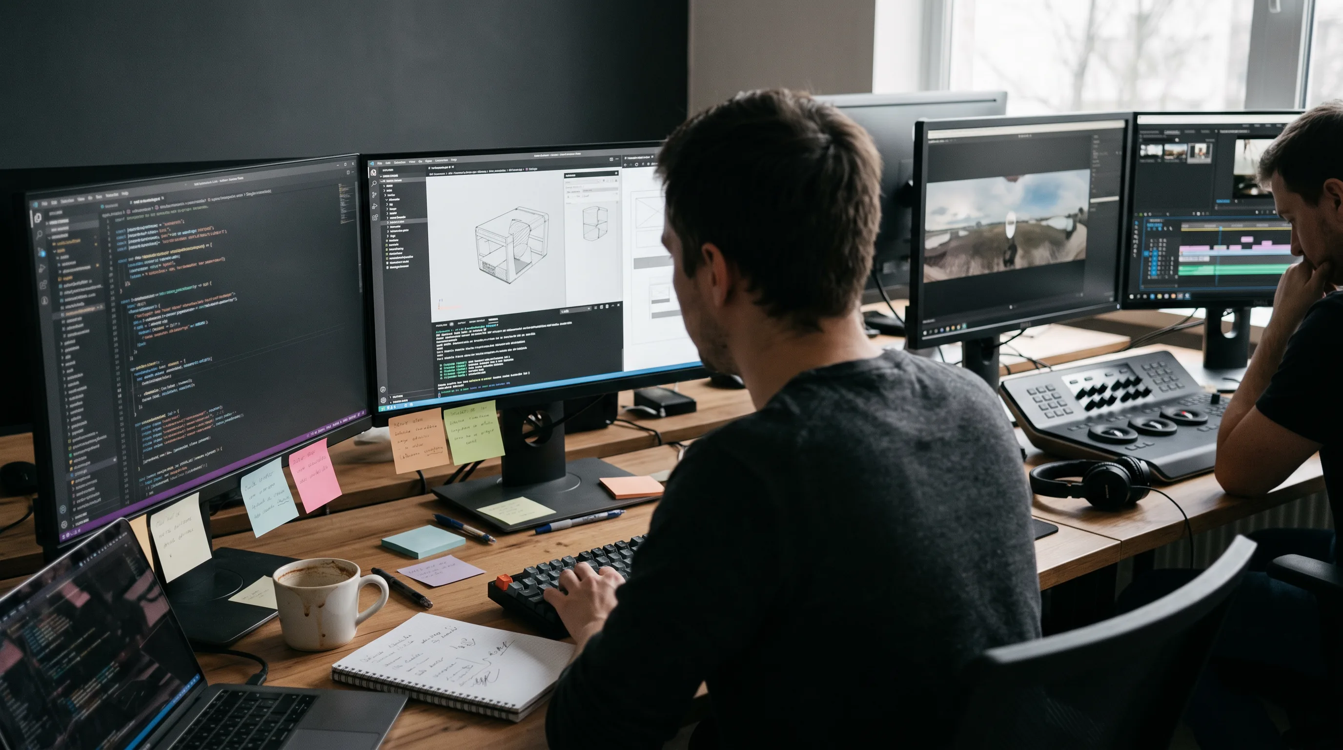 Video editor works on equirectangular 360 footage across two monitors in a production suite