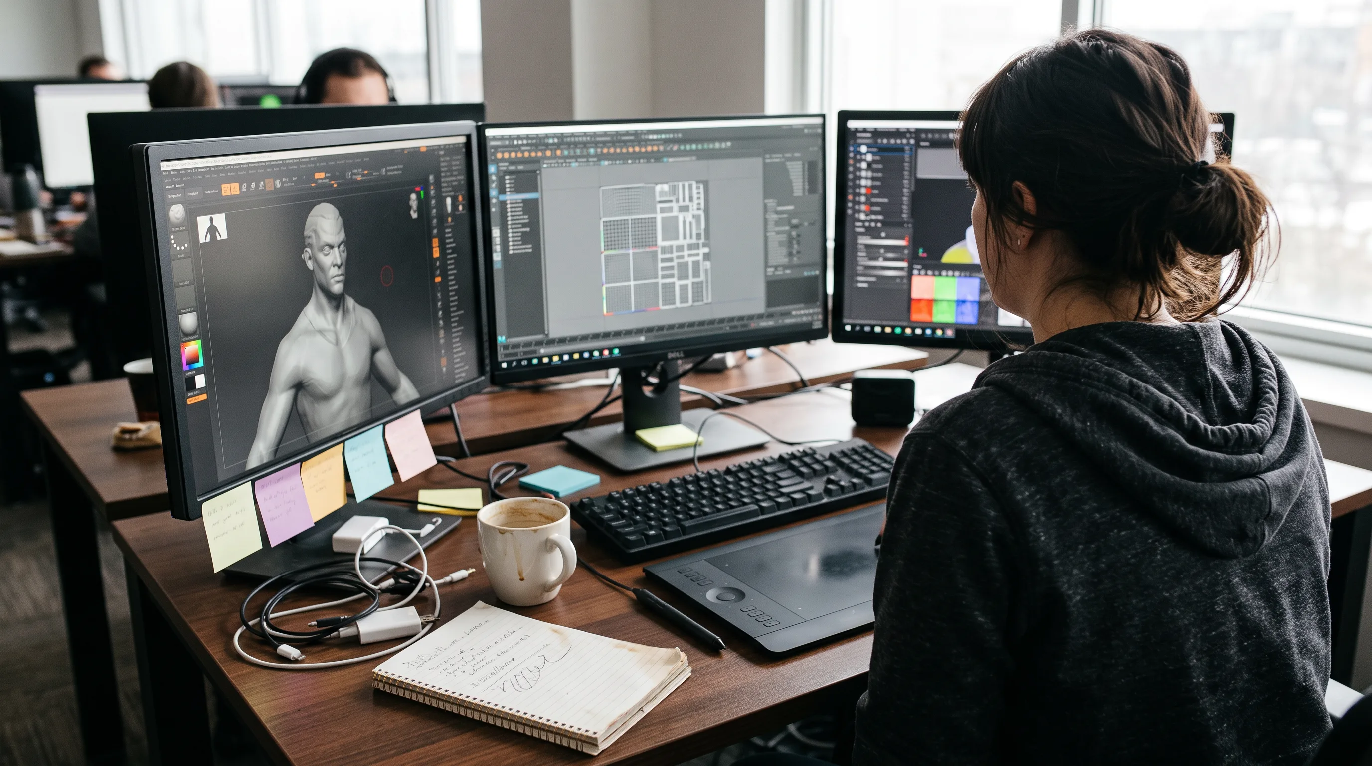 3D modeler at a three-monitor desk showing ZBrush, Maya, and Substance Painter interfaces