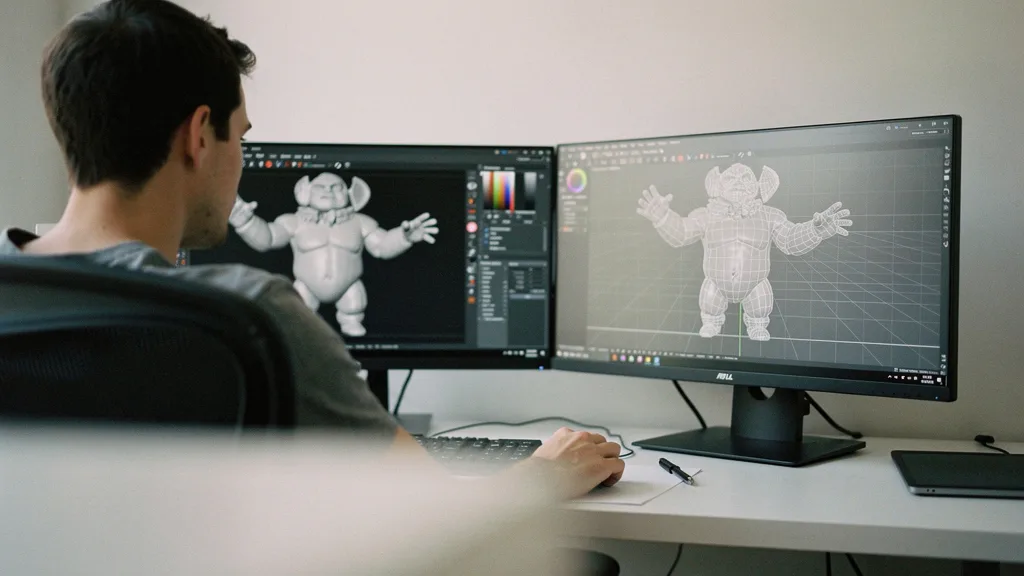 3D artist for hire reviews a character mesh on dual monitors at a design studio workstation
