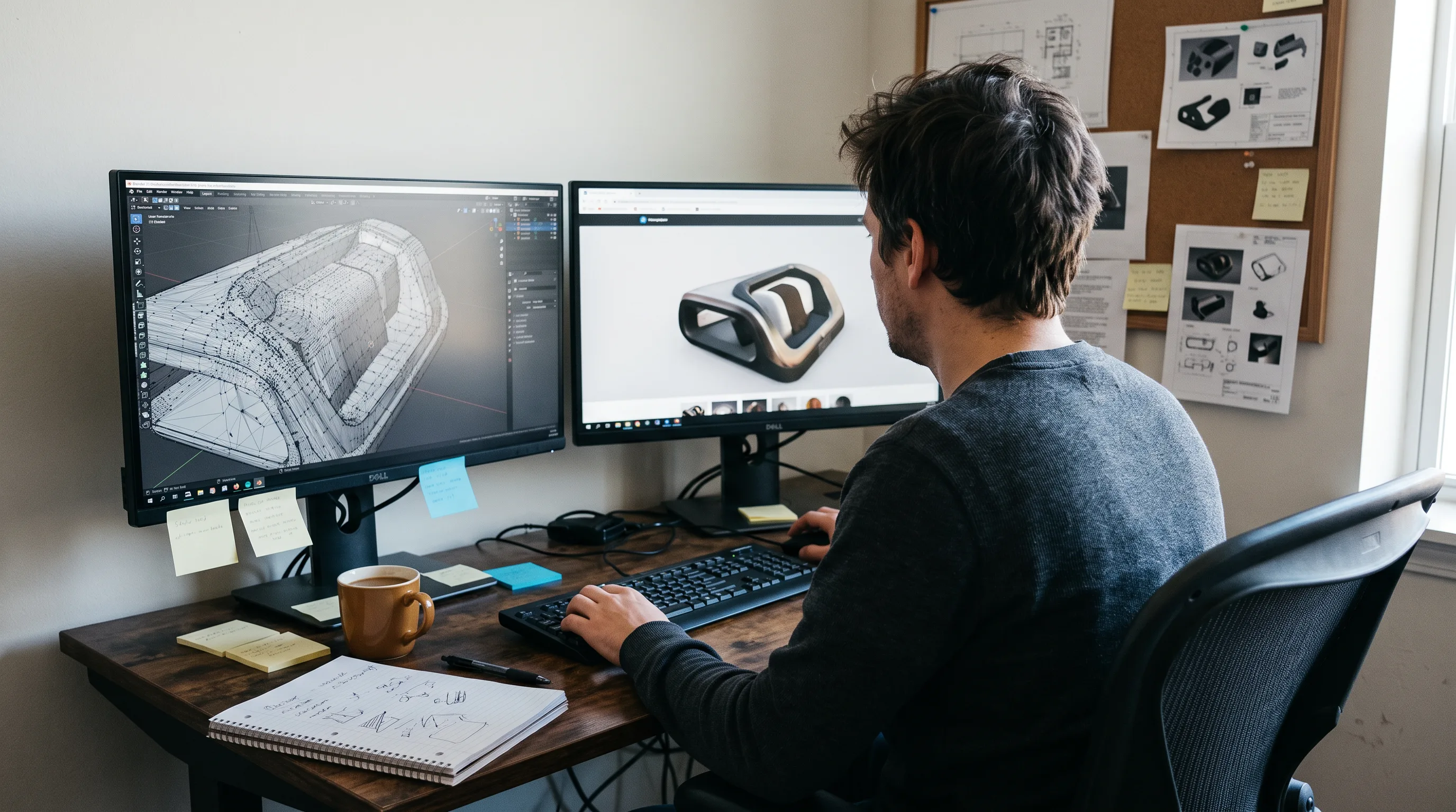 A 3D artist at a dual-monitor workstation processes a polygon mesh for a browser-based configurator