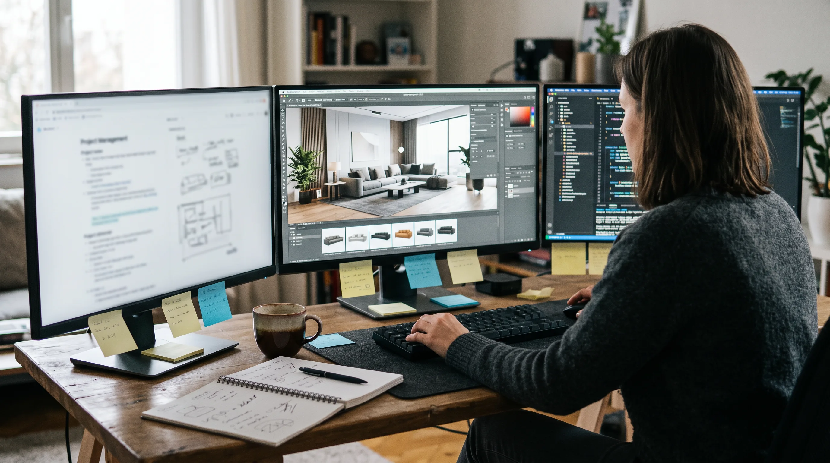 Product designer reviewing a 3D furniture model in a browser-based virtual showroom