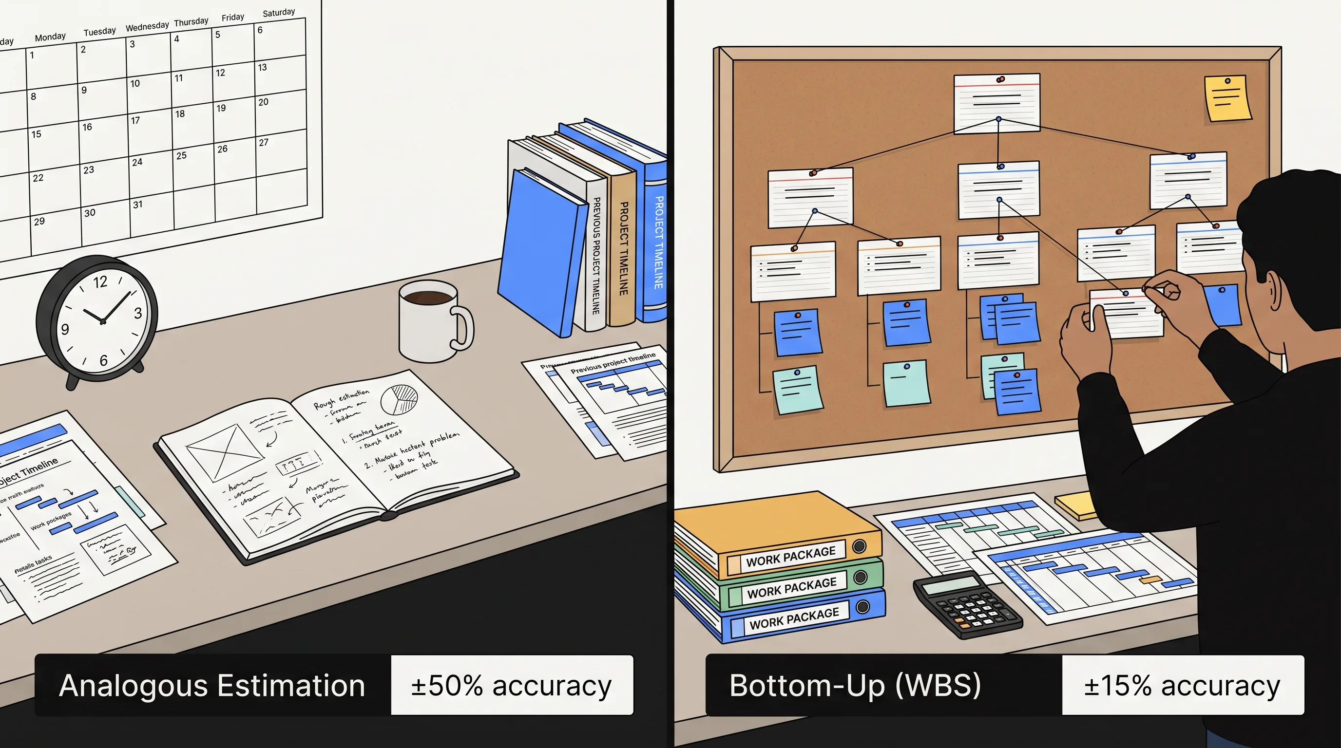 Split comparison: analogous estimation at ±50% accuracy versus bottom-up WBS at ±15%
