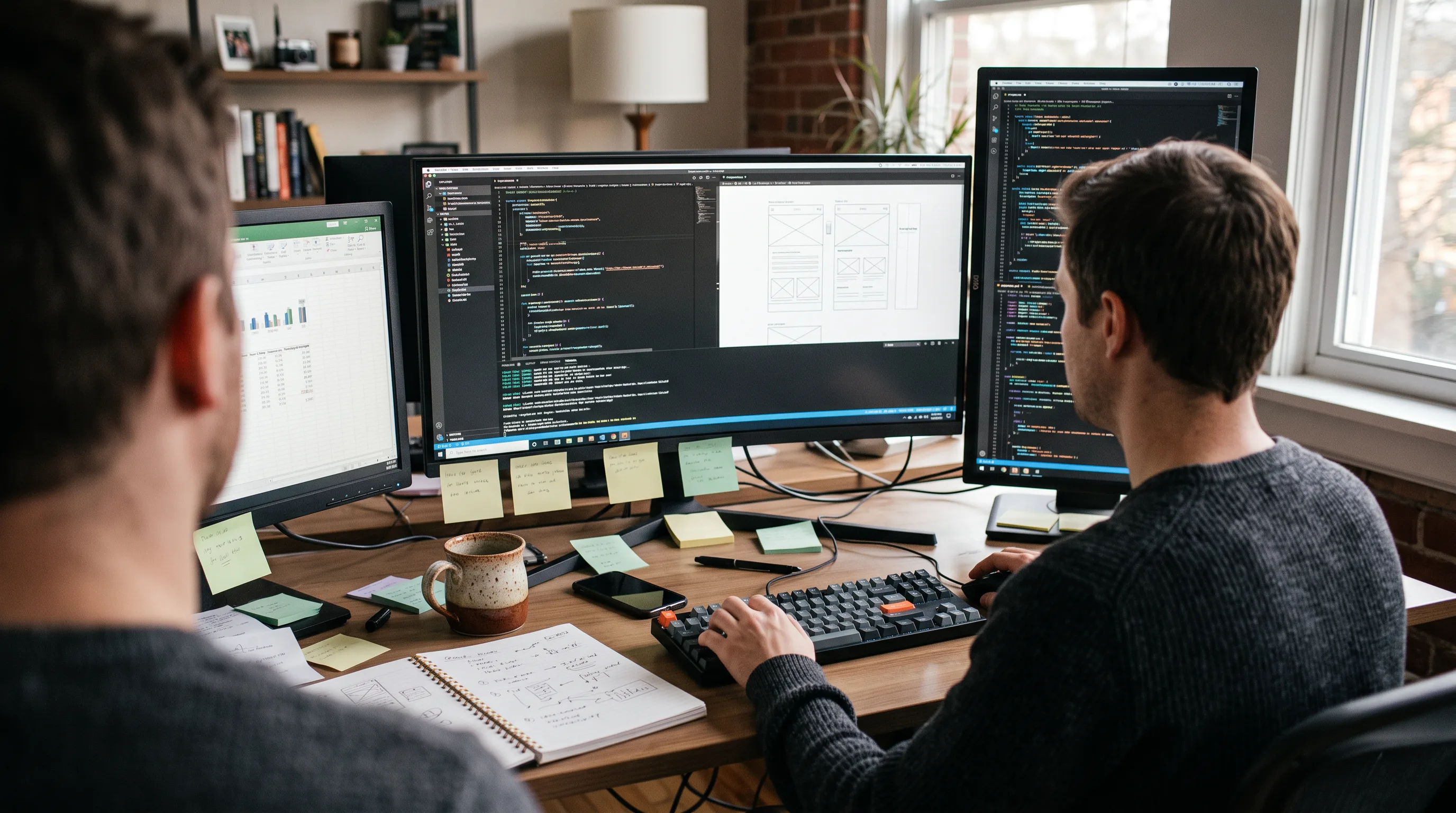Developer reviewing mobile app design files and project scope on a dual-monitor workstation