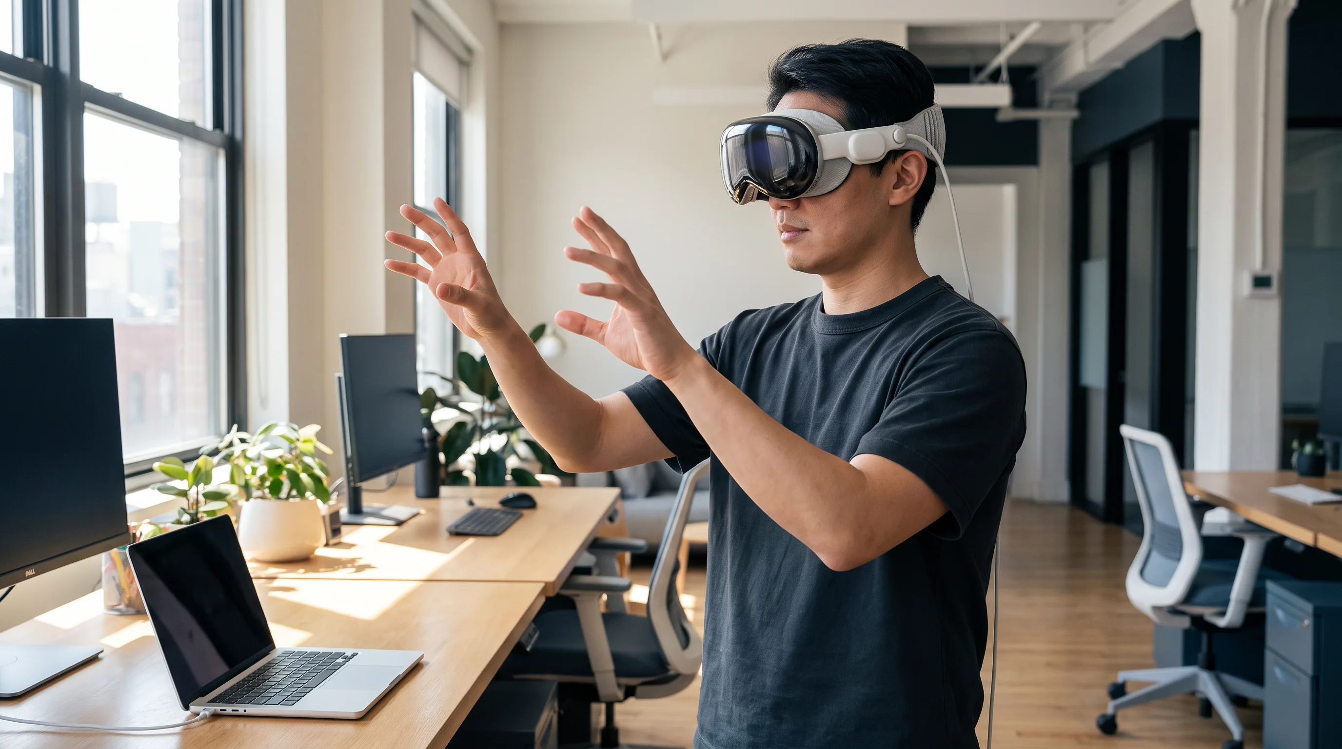 Developer wearing Apple Vision Pro in an office, hands raised to interact with a spatial application