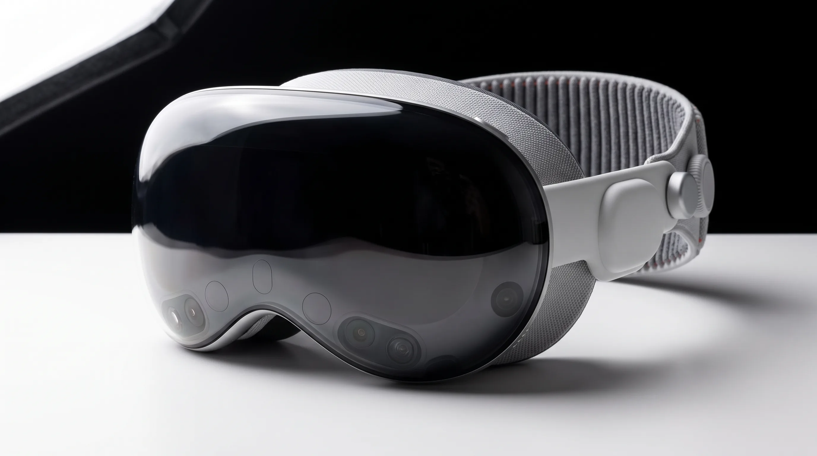 Apple Vision Pro headset on a white studio surface with soft directional lighting
