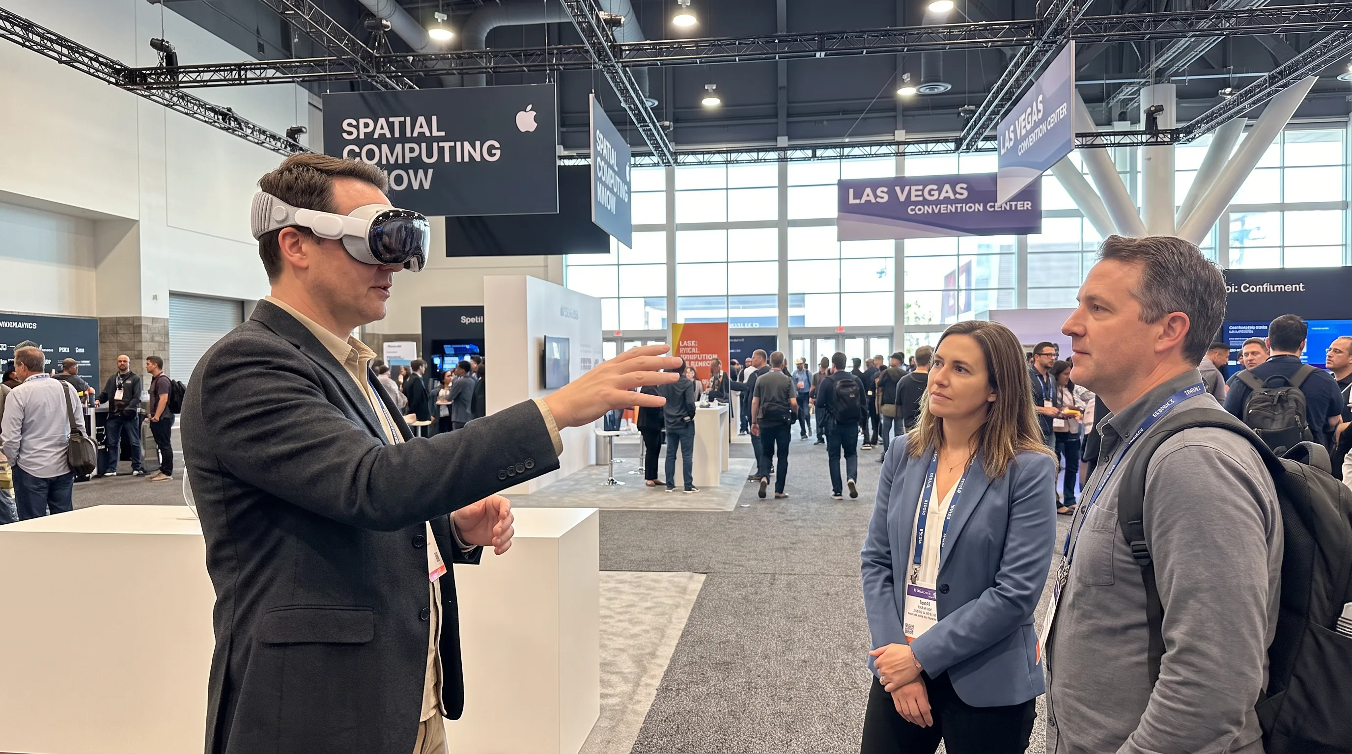 Presenter wearing Apple Vision Pro at a Las Vegas trade-show booth demonstrating a spatial app