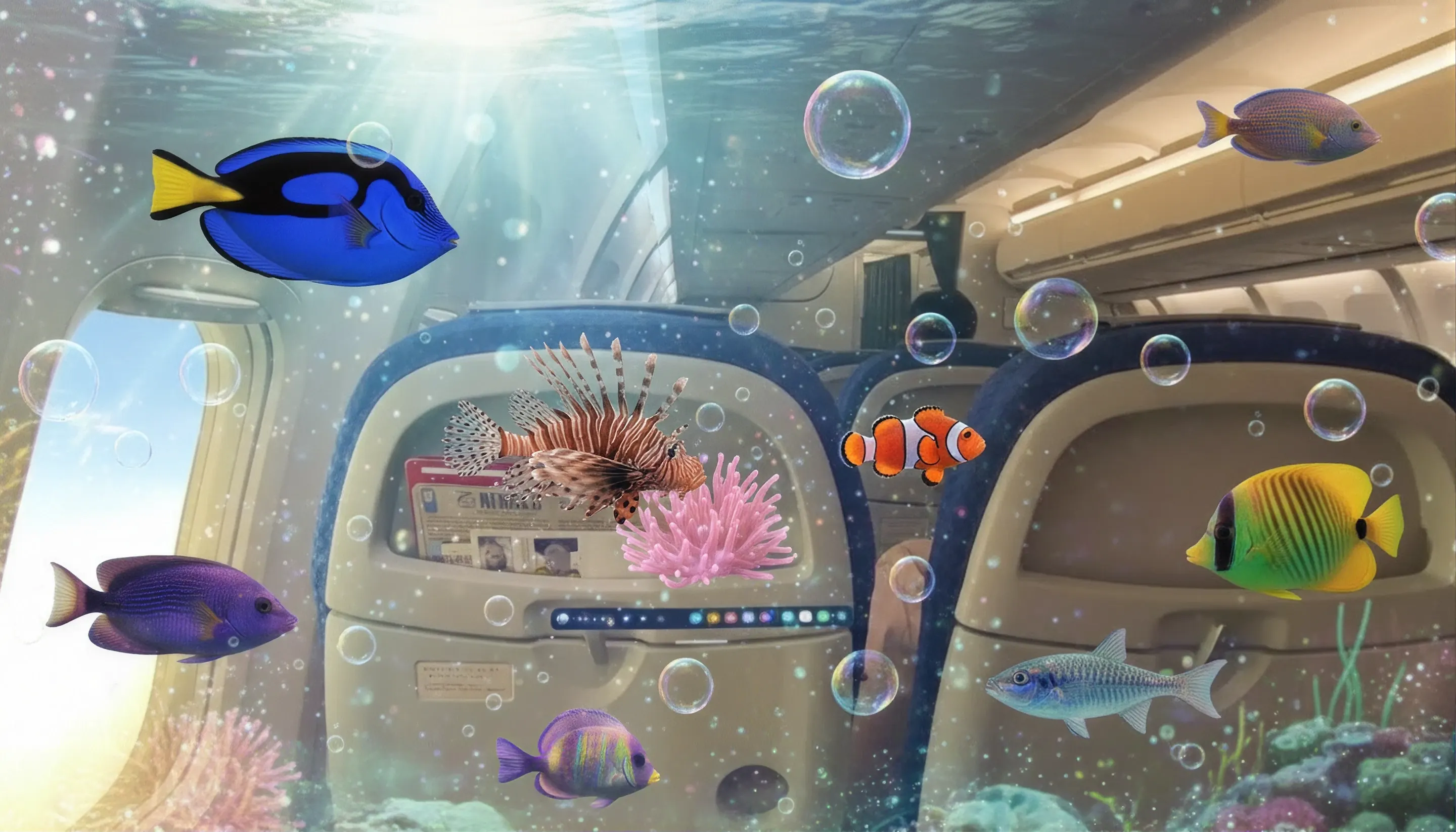 Aquarium Adventures on a flight: tropical fish, lionfish and bubbles filling an airplane cabin