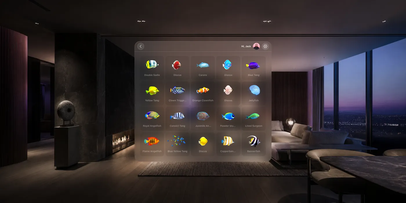 A wall of fish tiles floating in a dark living room at dusk