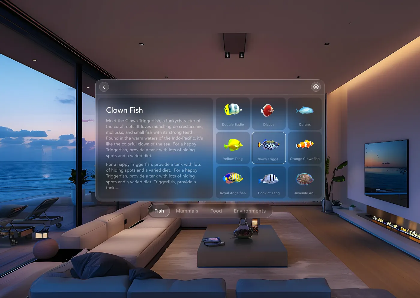 Aquarium Adventures species picker floating in a sunset living room, with Clown Fish details beside a grid of fish