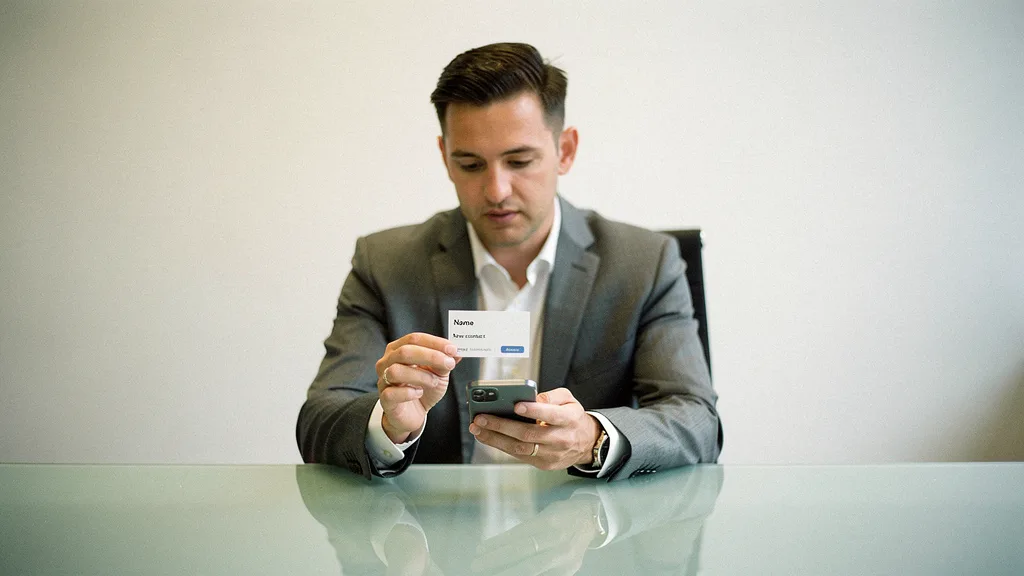 Professional scanning an AR business card with a smartphone at a conference table