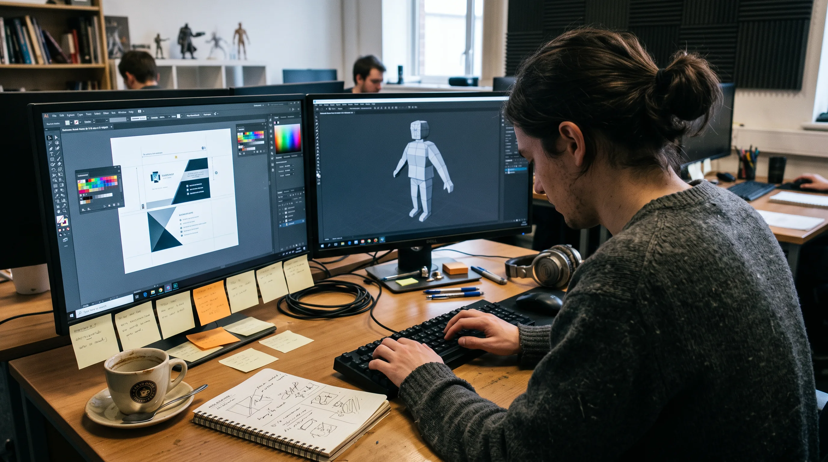 3D artist reviewing business card artwork and a 3D model on dual studio monitors