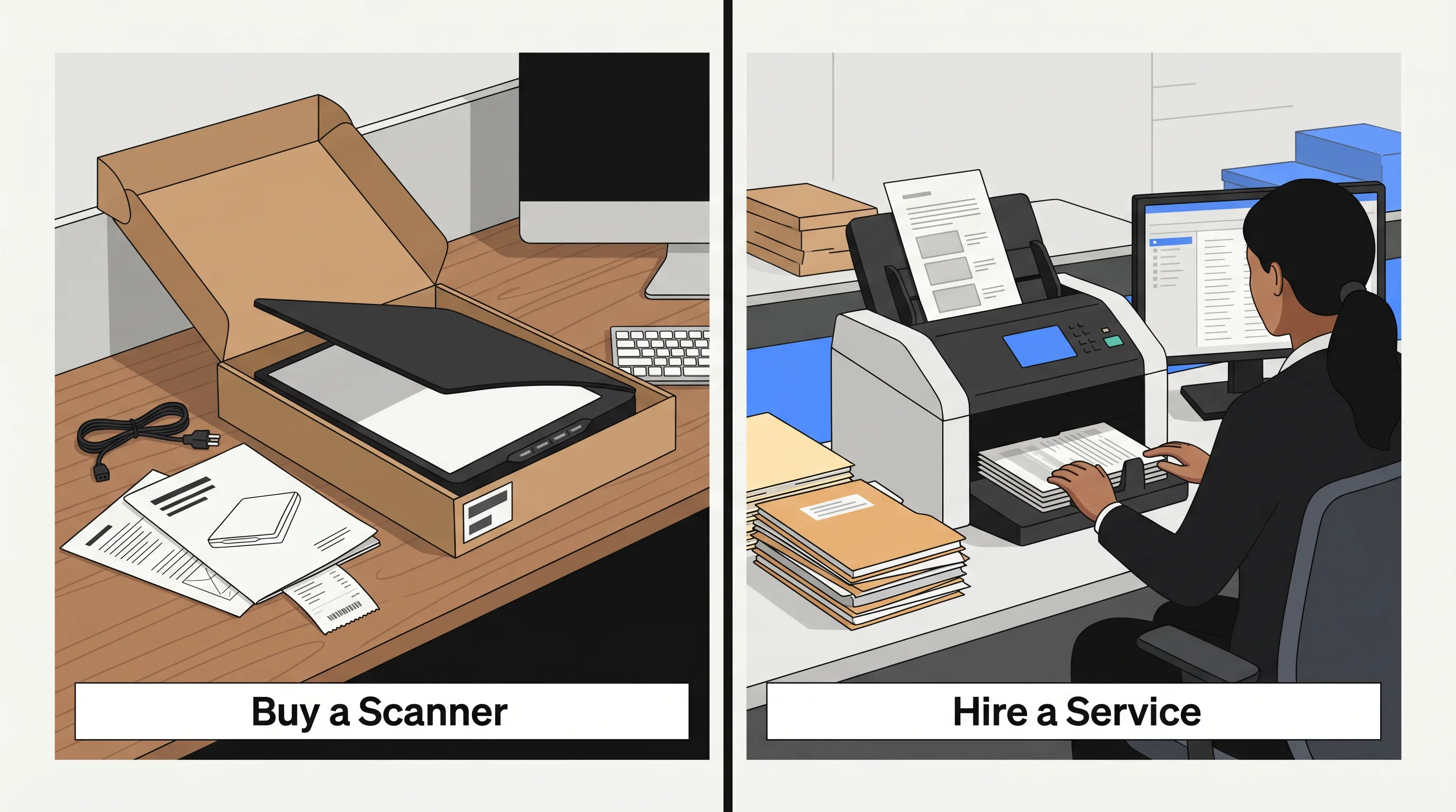 Side-by-side comparison of buying a 3D scanner versus hiring a 3D scanning service