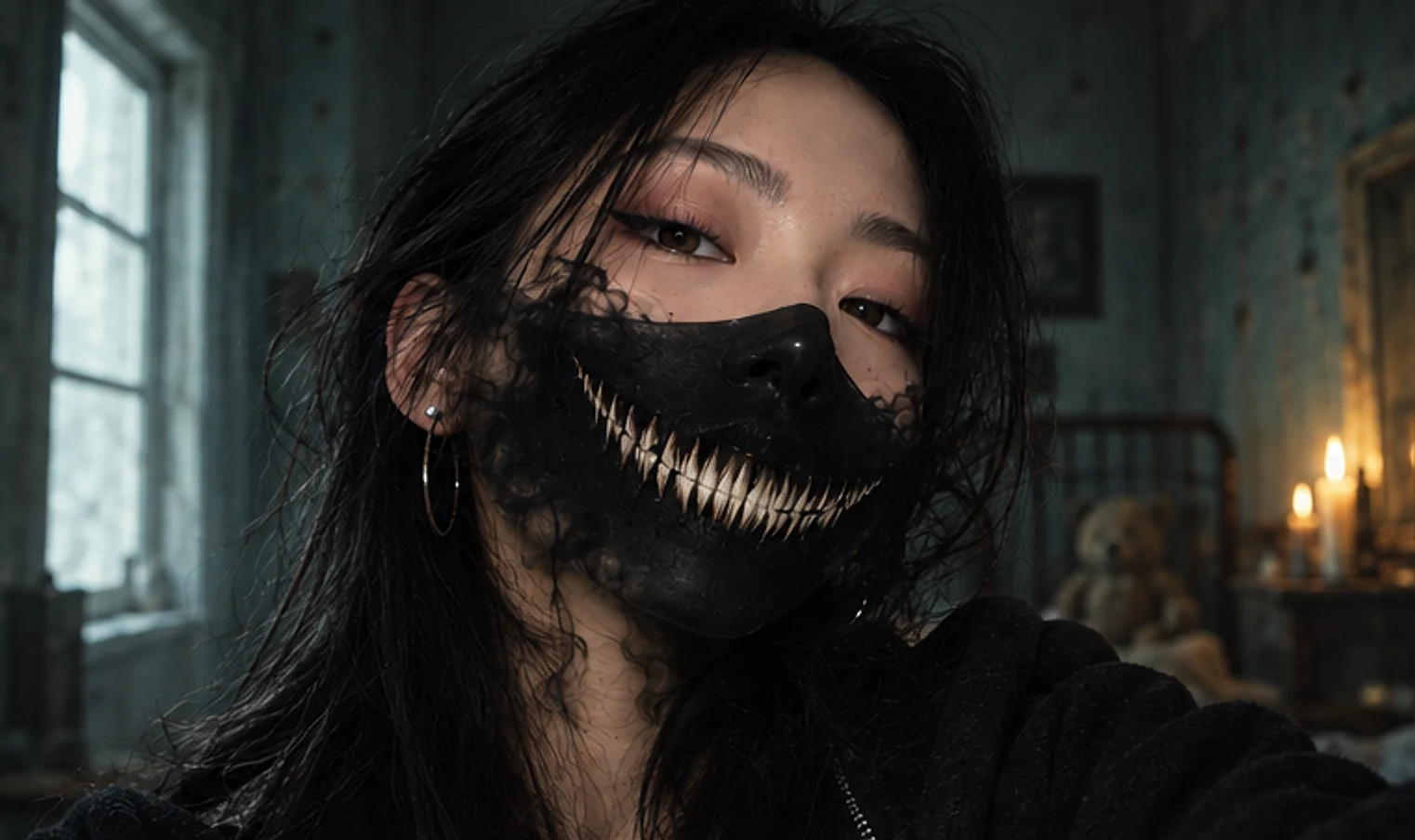 Woman with long black hair in a candlelit room wearing a black lower-face mask with a jagged, fanged grin