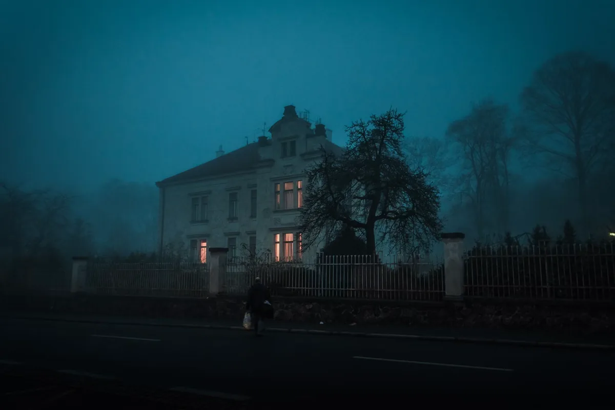 Fog-shrouded Victorian house at night with a bare tree and a few lit windows