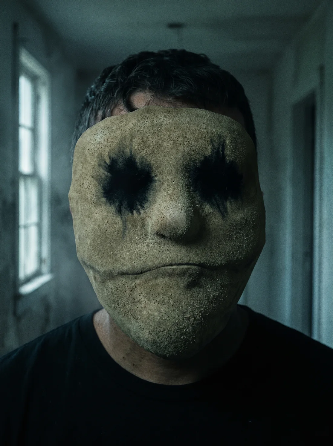 Man in a dark farmhouse hallway wearing a featureless tan mask with smudged black eyes and a creased mouth