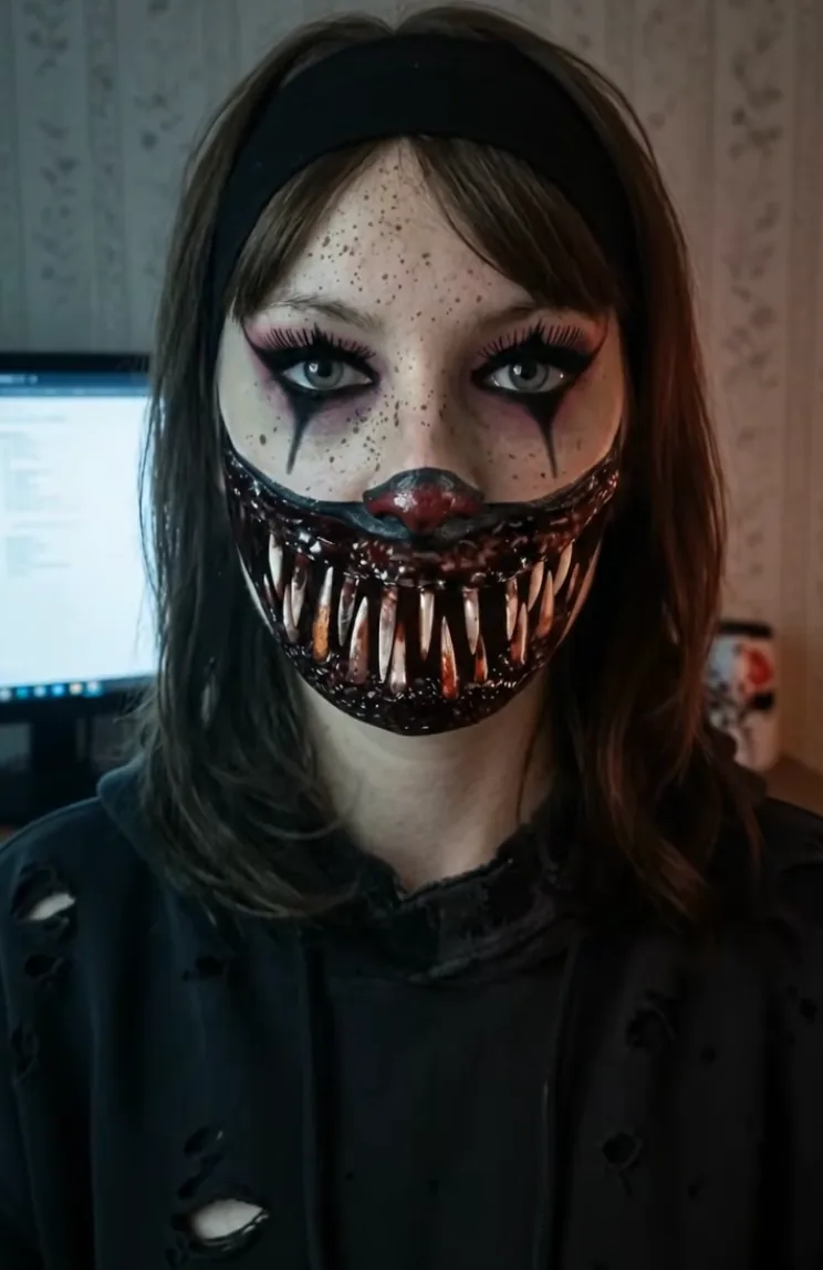Fan selfie wearing the Crypt TV Giggles the Clown AR mask, with freckles and a jagged, fanged grin