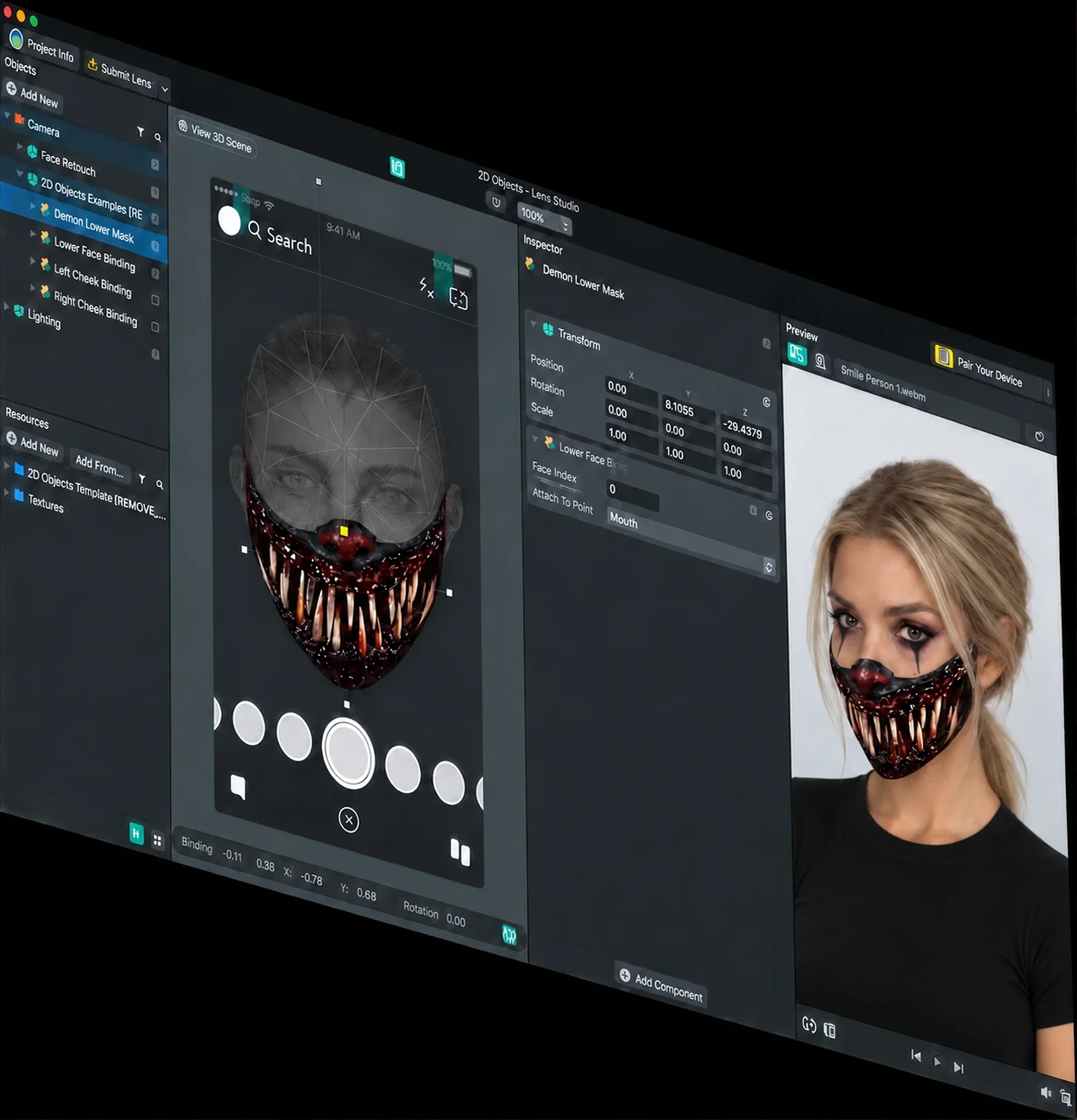 Crypt TV AR mask in the face-mask editor: a fanged red-and-black lower-face mask on a wireframe head and a live preview of a blonde woman wearing it