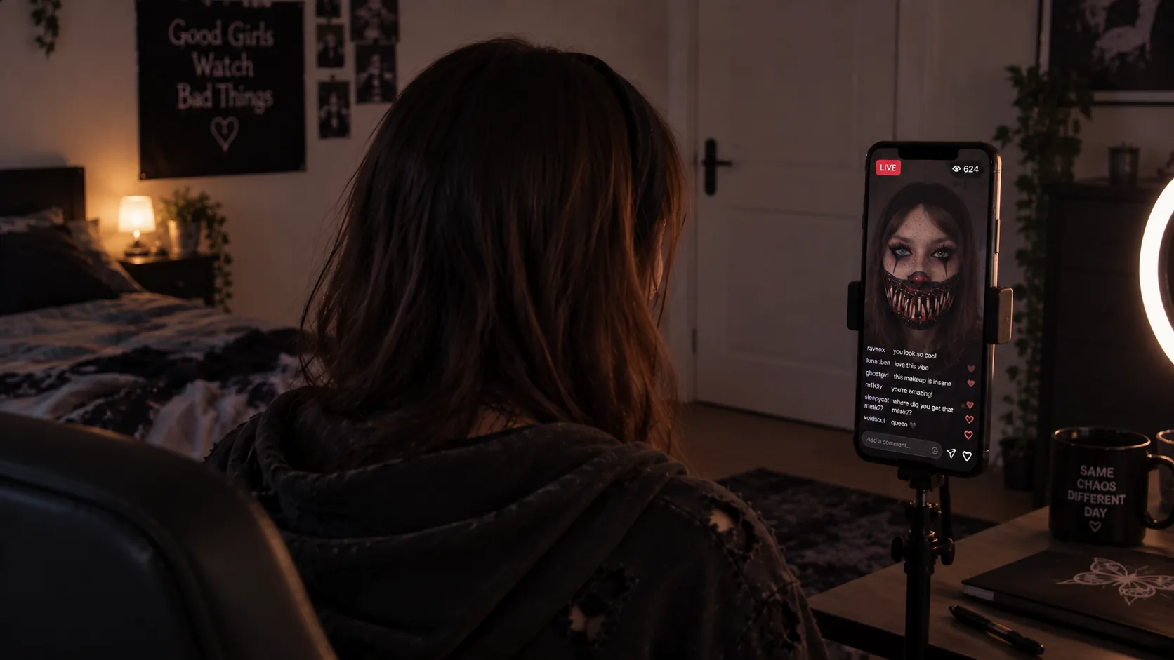 Creator seen from behind in a dim bedroom, live-streaming to a phone on a tripod that shows her wearing the Giggles mask