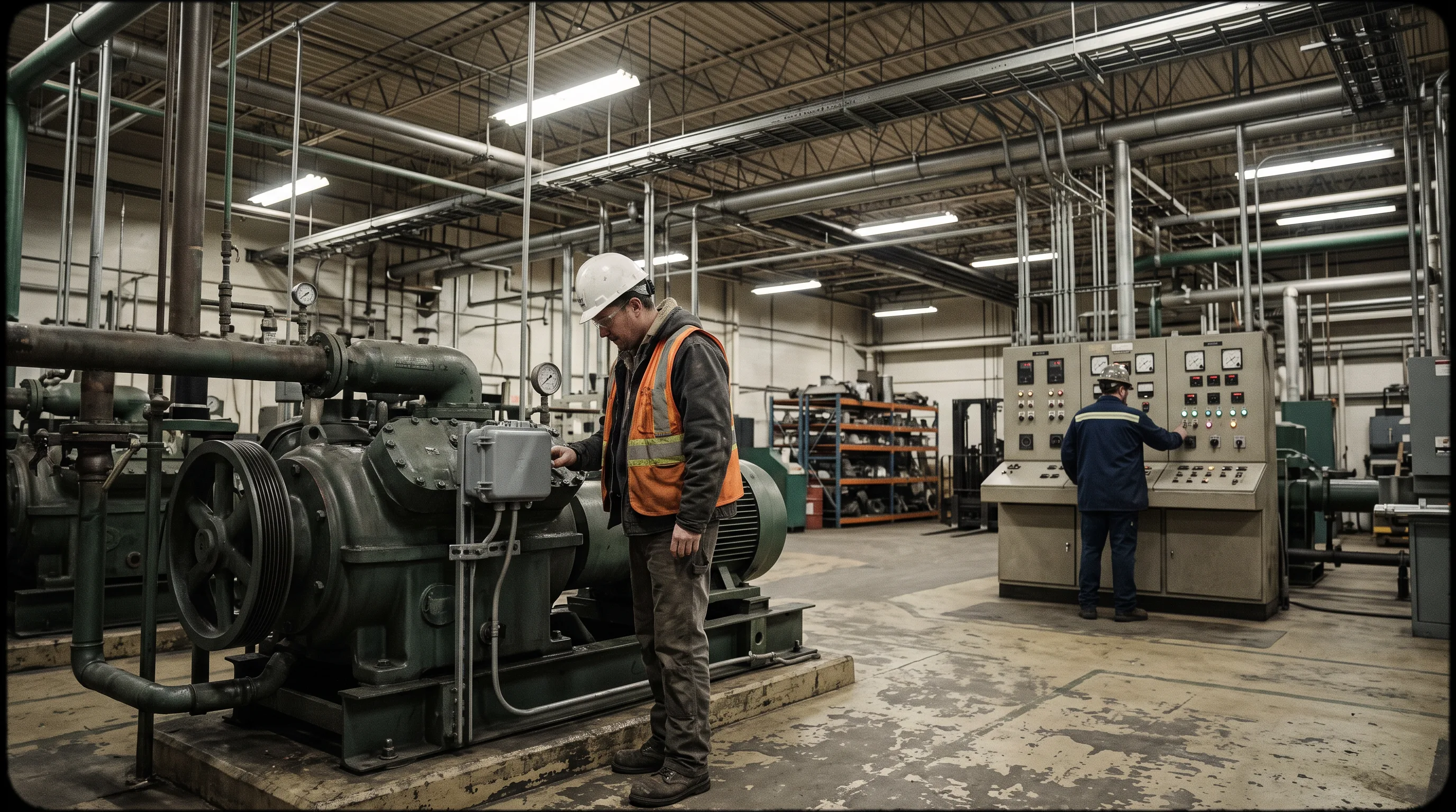 Plant engineer examines sensor nodes on industrial equipment during a digital twin data audit.