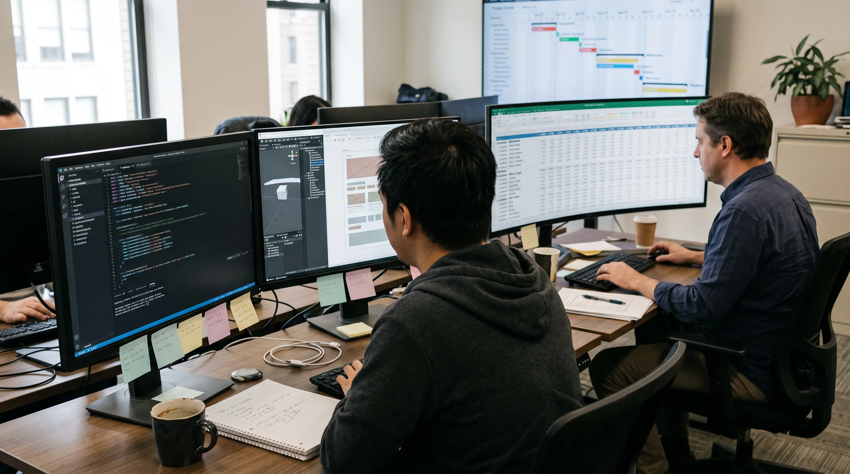 Business analyst reviewing a developer hourly rate comparison spreadsheet on a monitor