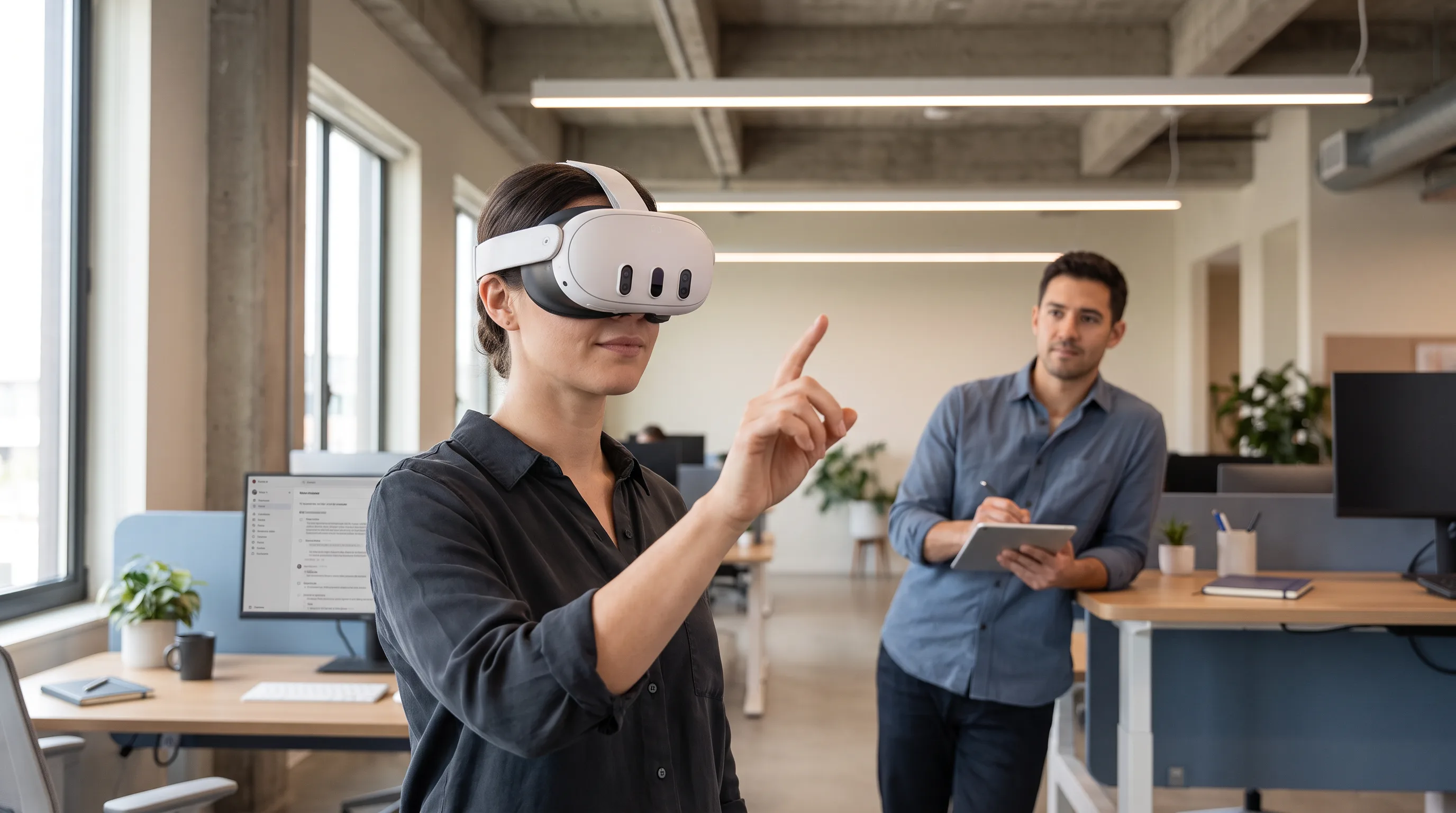 Developer wearing a Meta Quest 3 headset tests a spatial app in an open-plan office