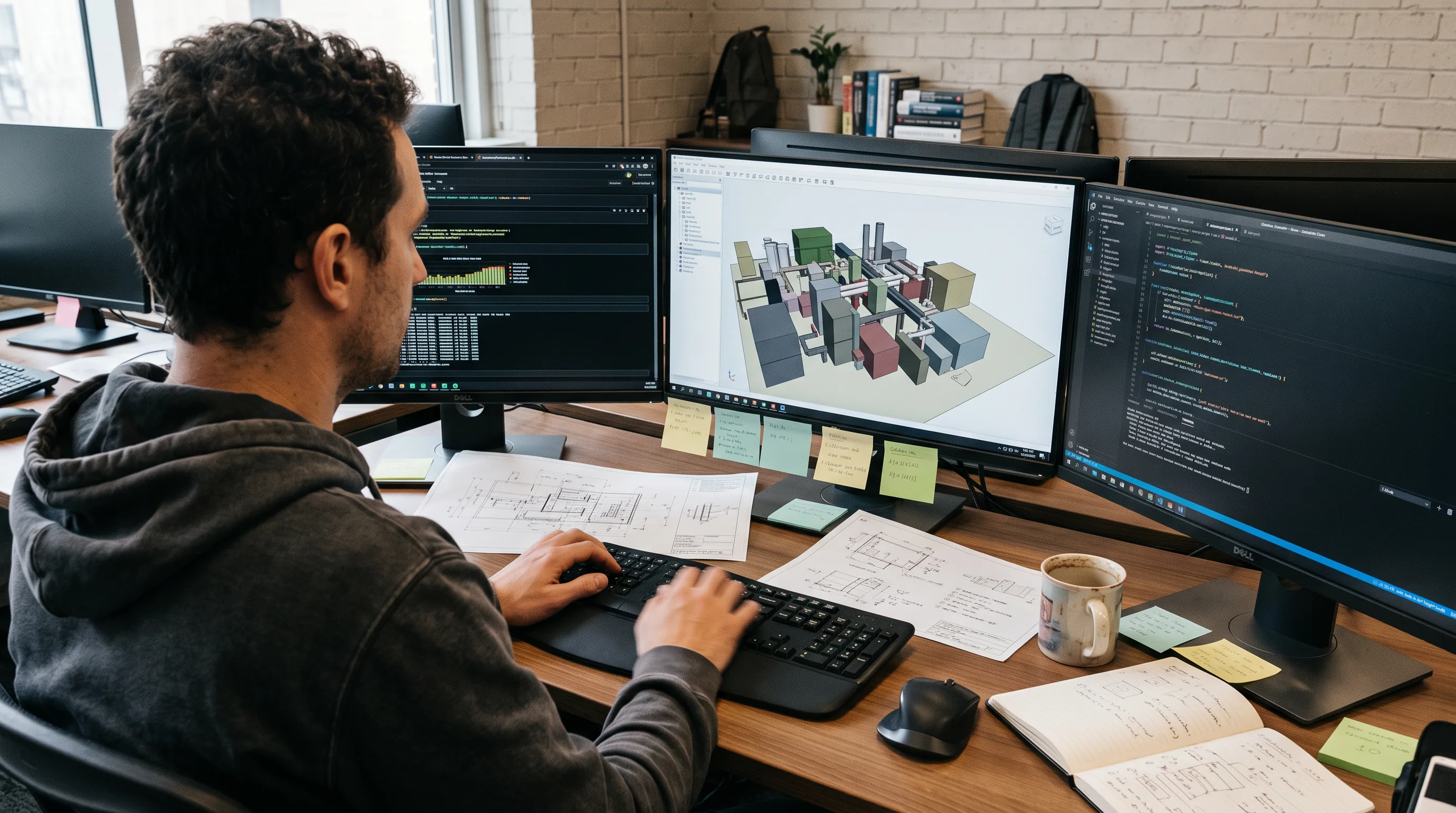 Developer builds a real-time 3D factory visualization on a multi-screen workstation.