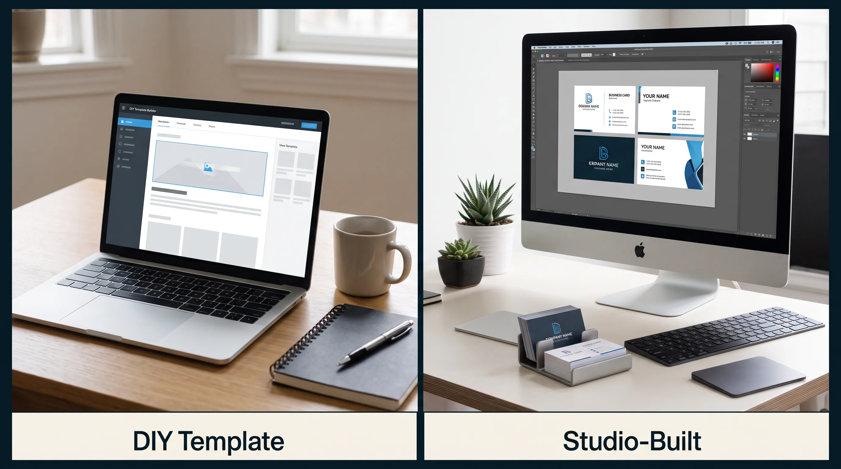 Side-by-side comparison of a DIY AR card template approach and a studio-built custom card