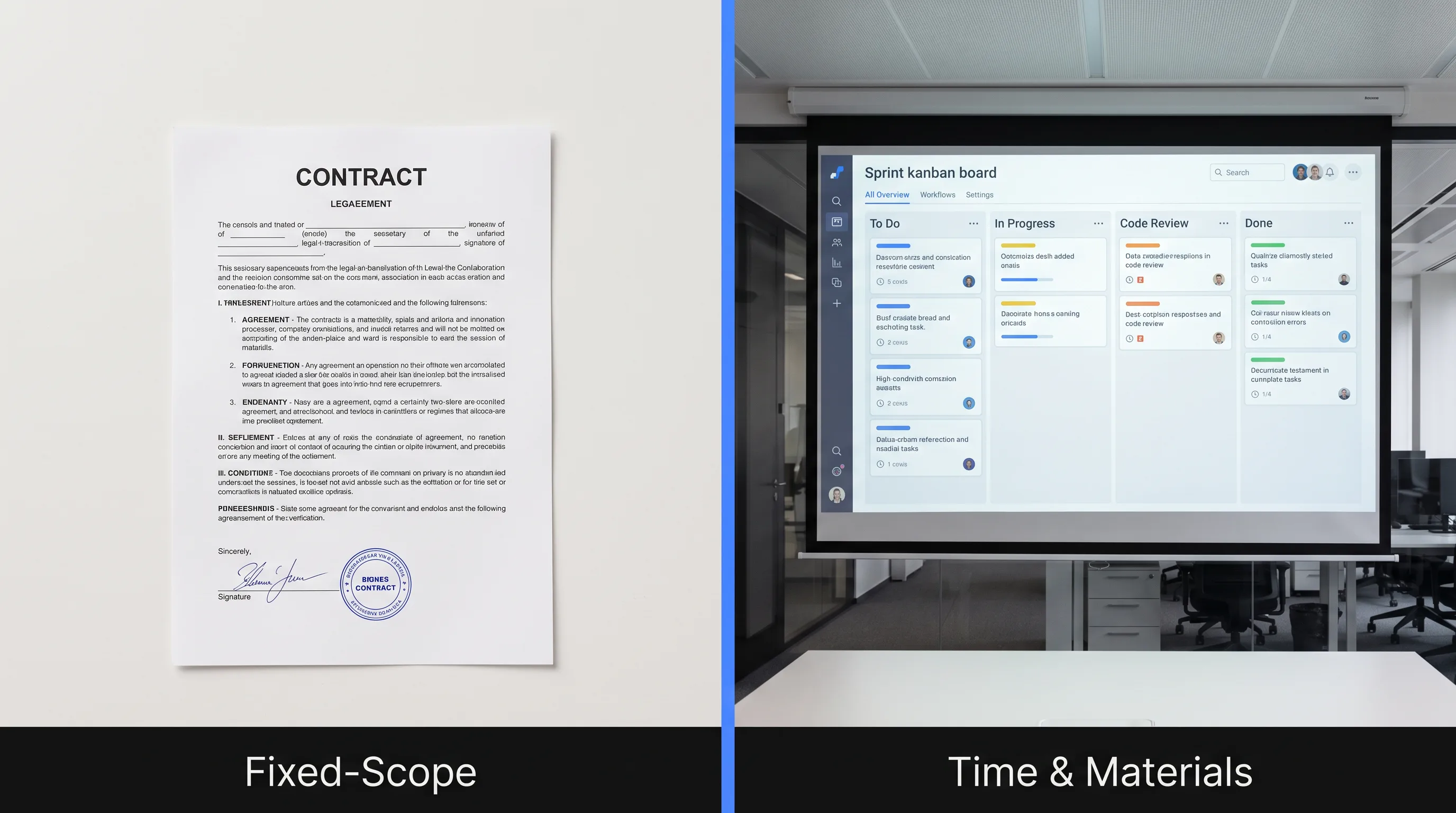 Fixed-scope contract document beside a time-and-materials sprint board comparison